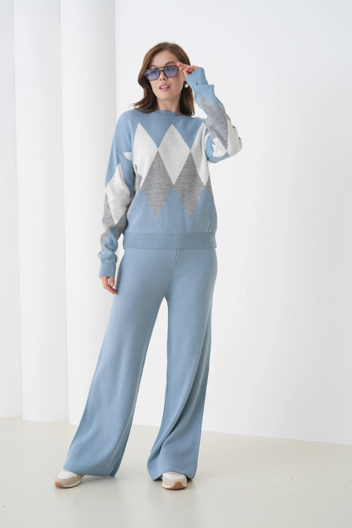 Kadın Açık Mavi Bisiklet Yaka Baklava Desenli Kazak Pantolon Triko Alt-Üst Takım 214076