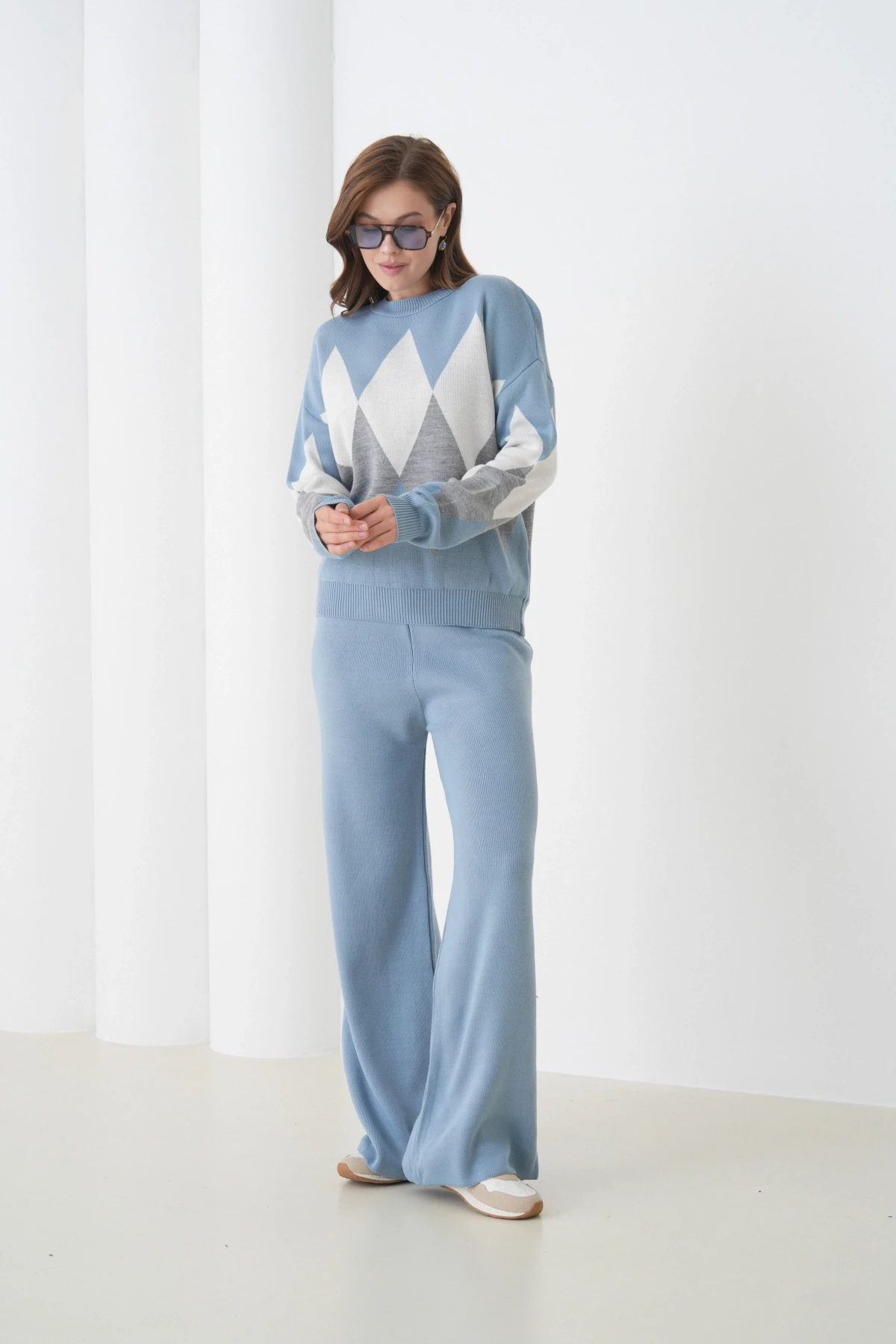 Kadın Açık Mavi Bisiklet Yaka Baklava Desenli Kazak Pantolon Triko Alt-Üst Takım 214076