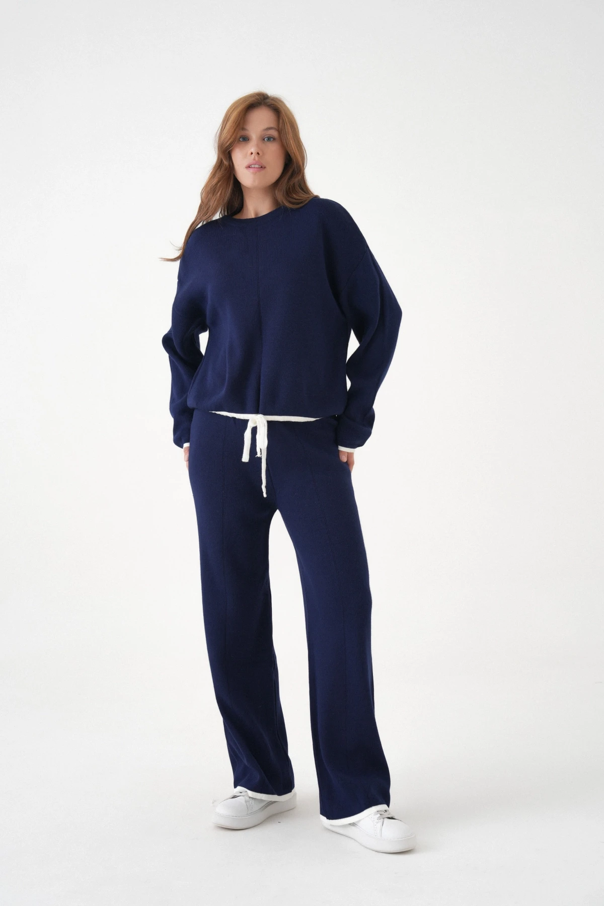 Kadın Bisiklet Yaka Bağcıklı Kazak Pantolon Alt-Üst Triko Takım