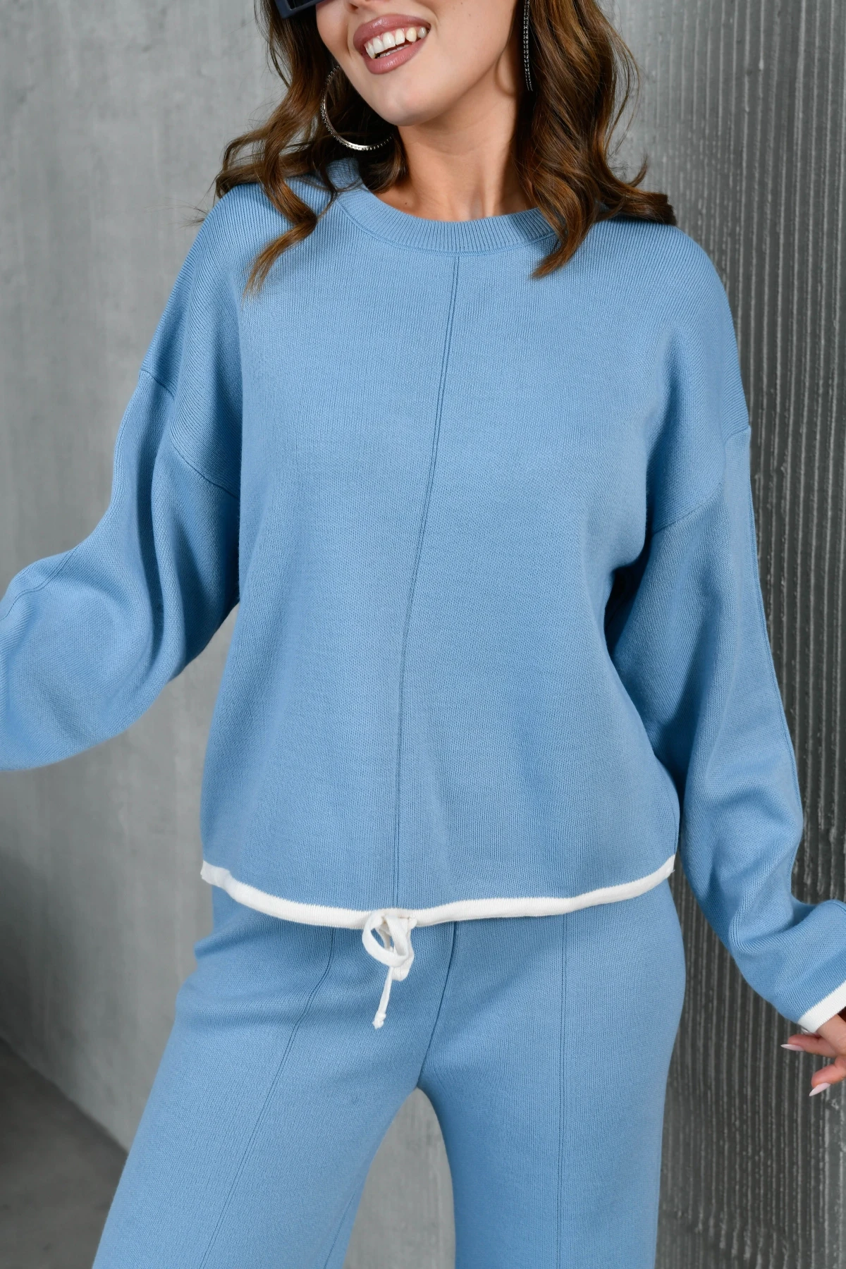 Kadın Bisiklet Yaka Bağcıklı Kazak Pantolon Alt-Üst Triko Takım