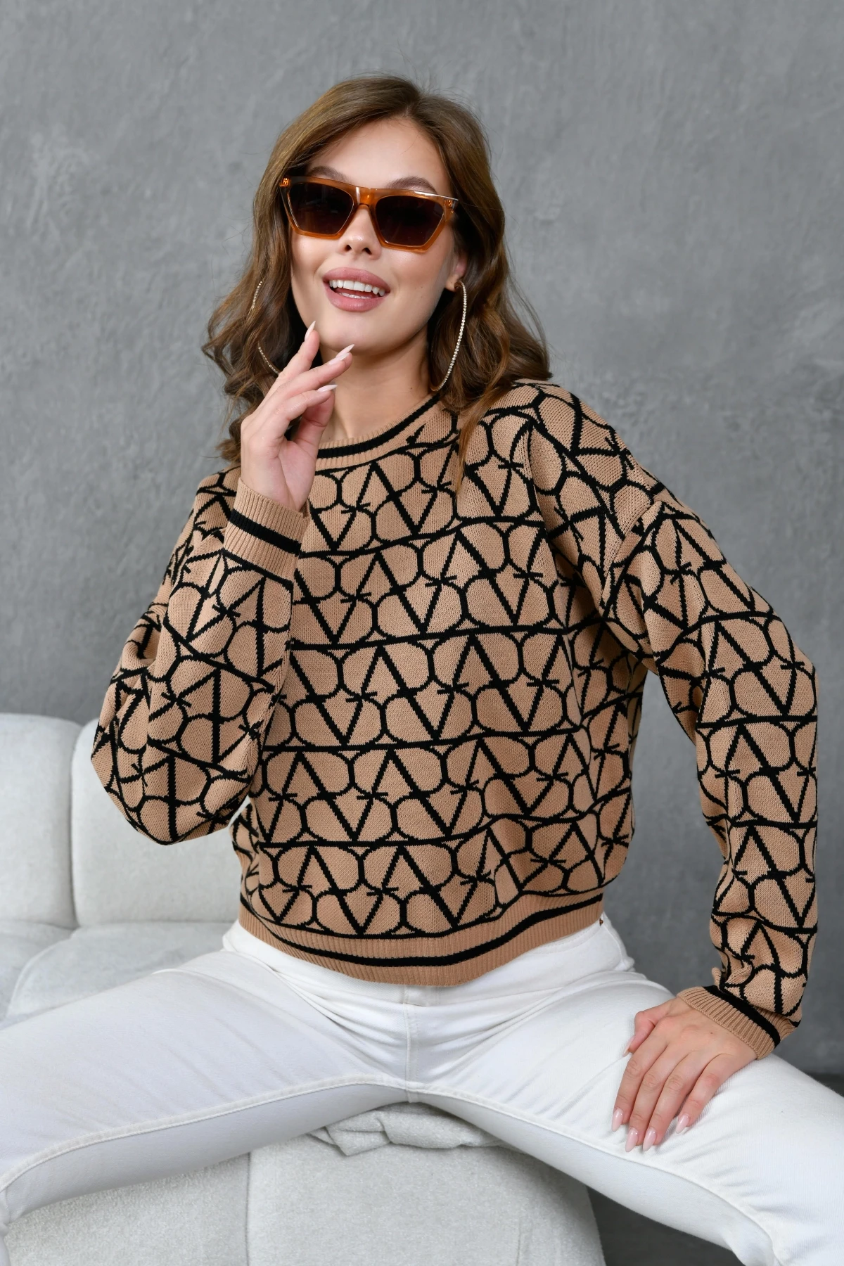 Kadın Bisiklet Yaka Desenli Oversize Triko Kazak