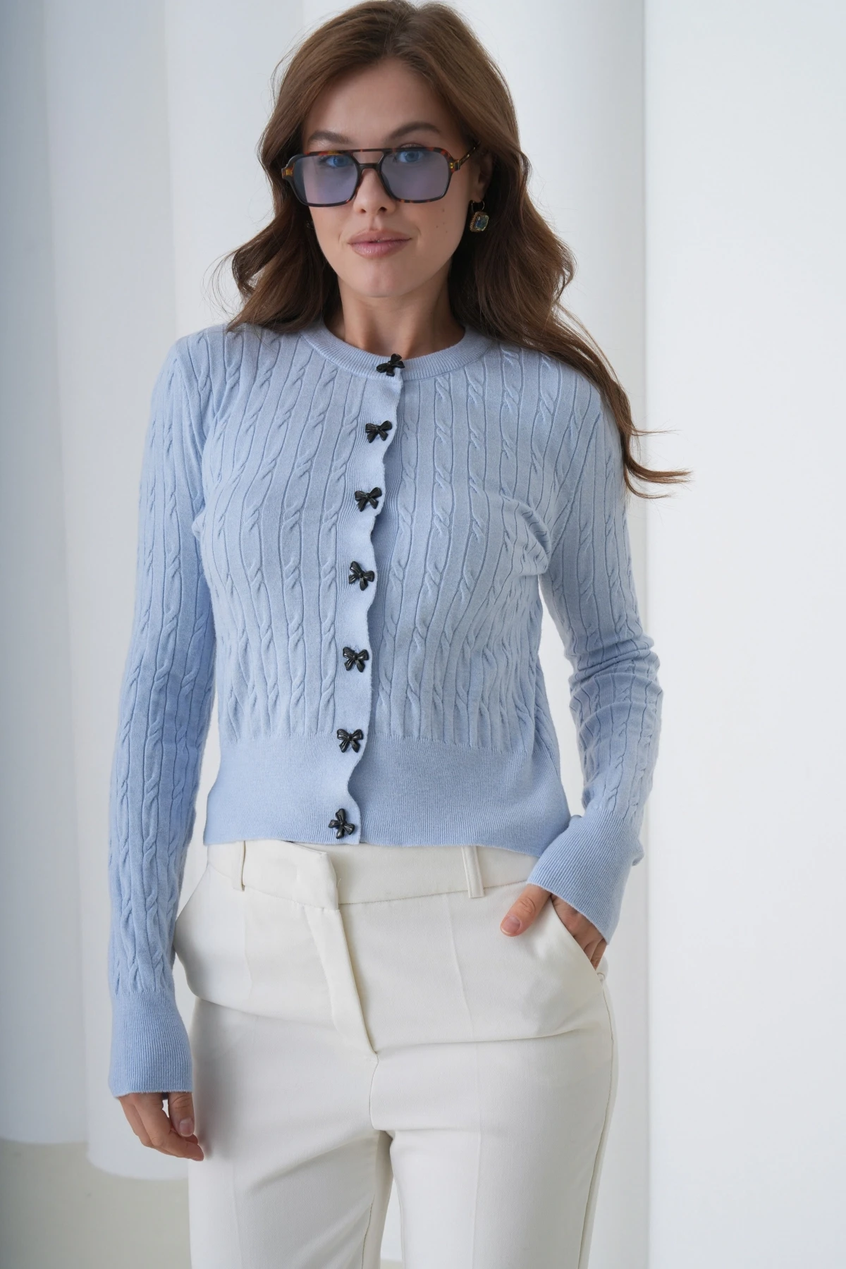 Kadın Bisiklet Yaka Düğme Detay Saç Örgü Yumuşak Dokulu Triko Hırka 