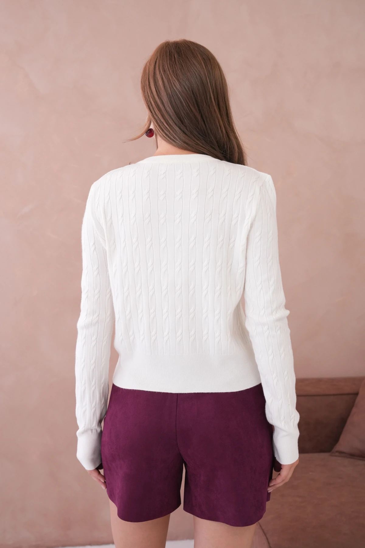 Kadın Bisiklet Yaka Düğme Detay Saç Örgü Yumuşak Dokulu Triko Hırka 