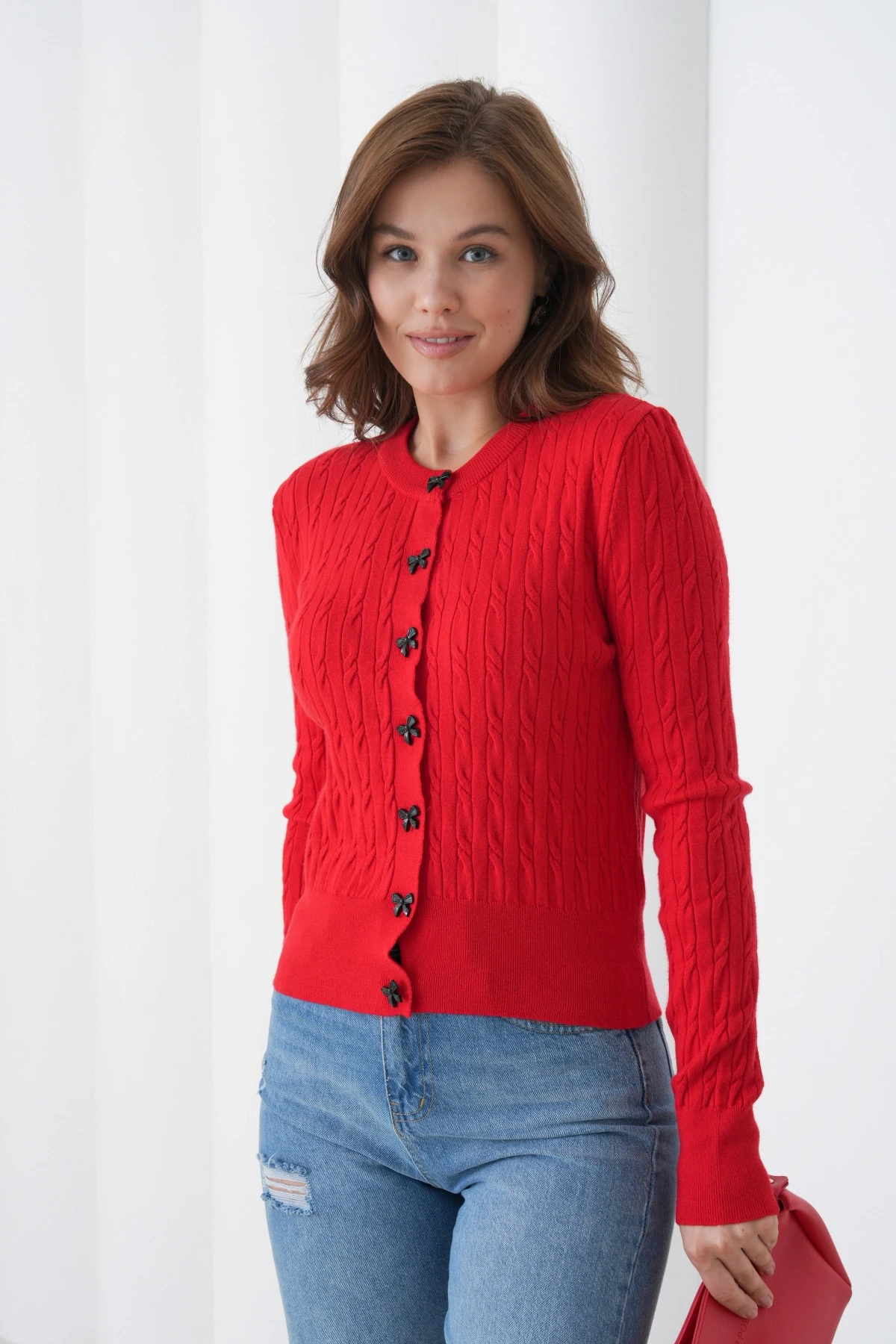 Kadın Bisiklet Yaka Düğme Detay Saç Örgü Yumuşak Dokulu Triko Hırka 