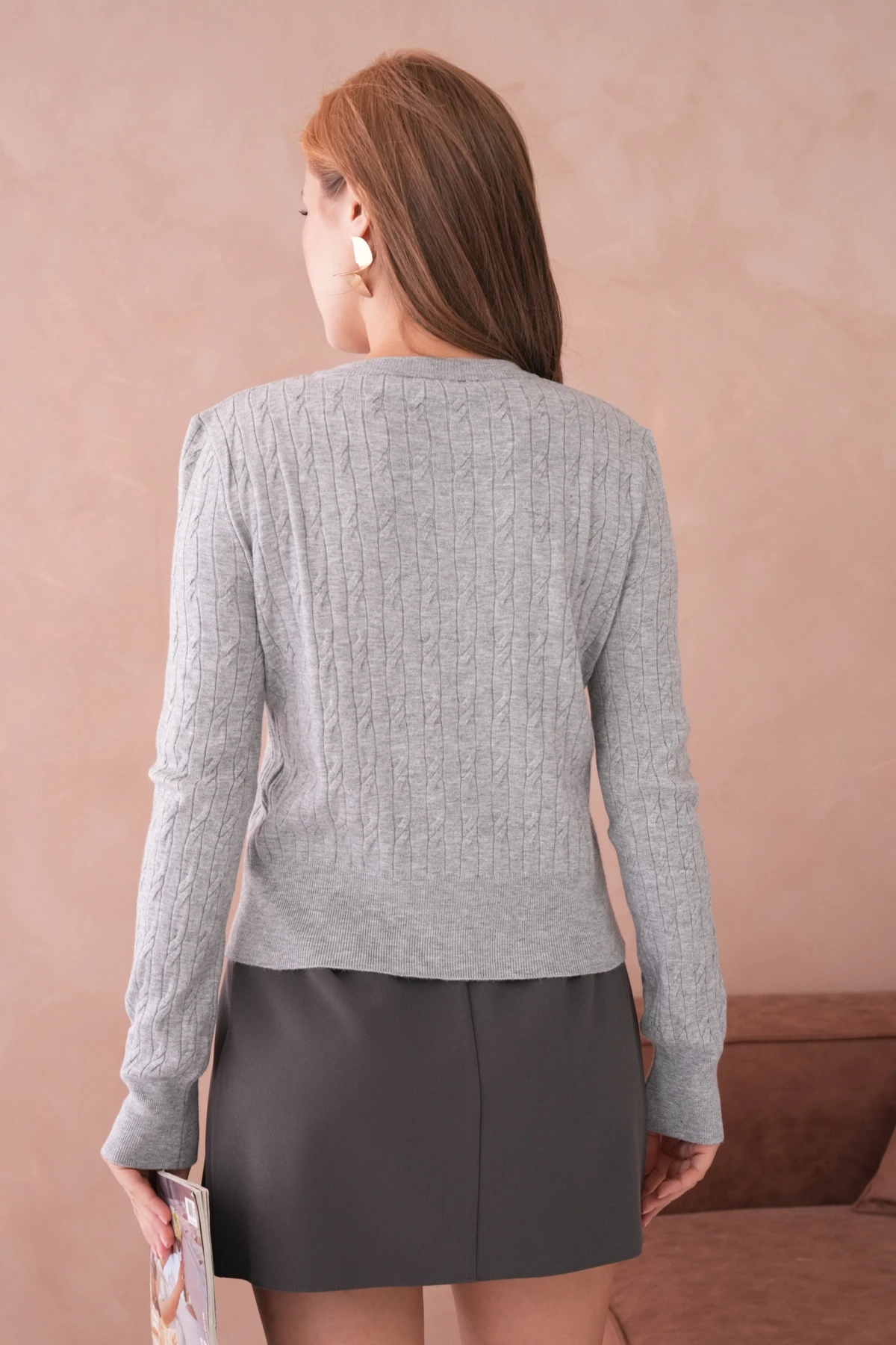 Kadın Bisiklet Yaka Düğme Detay Saç Örgü Yumuşak Dokulu Triko Hırka 