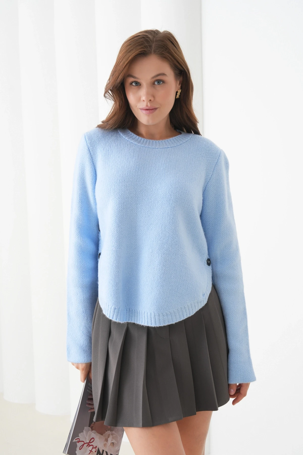 Kadın Bisiklet Yaka Düğme Detay Yırtmaçlı Triko Kazak