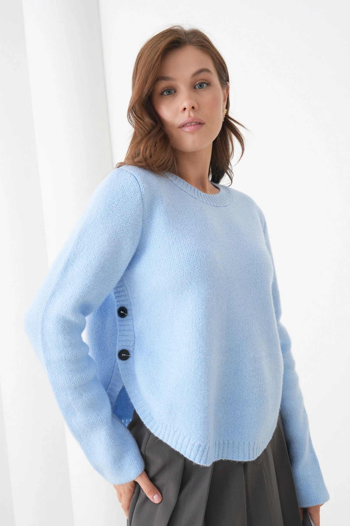 Kadın Bisiklet Yaka Düğme Detay Yırtmaçlı Triko Kazak