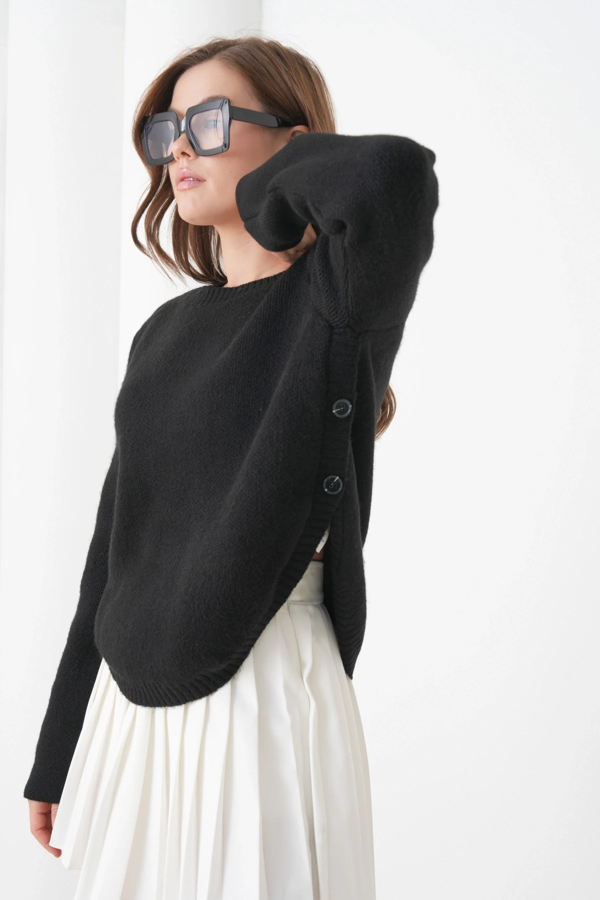 Kadın Bisiklet Yaka Düğme Detay Yırtmaçlı Triko Kazak