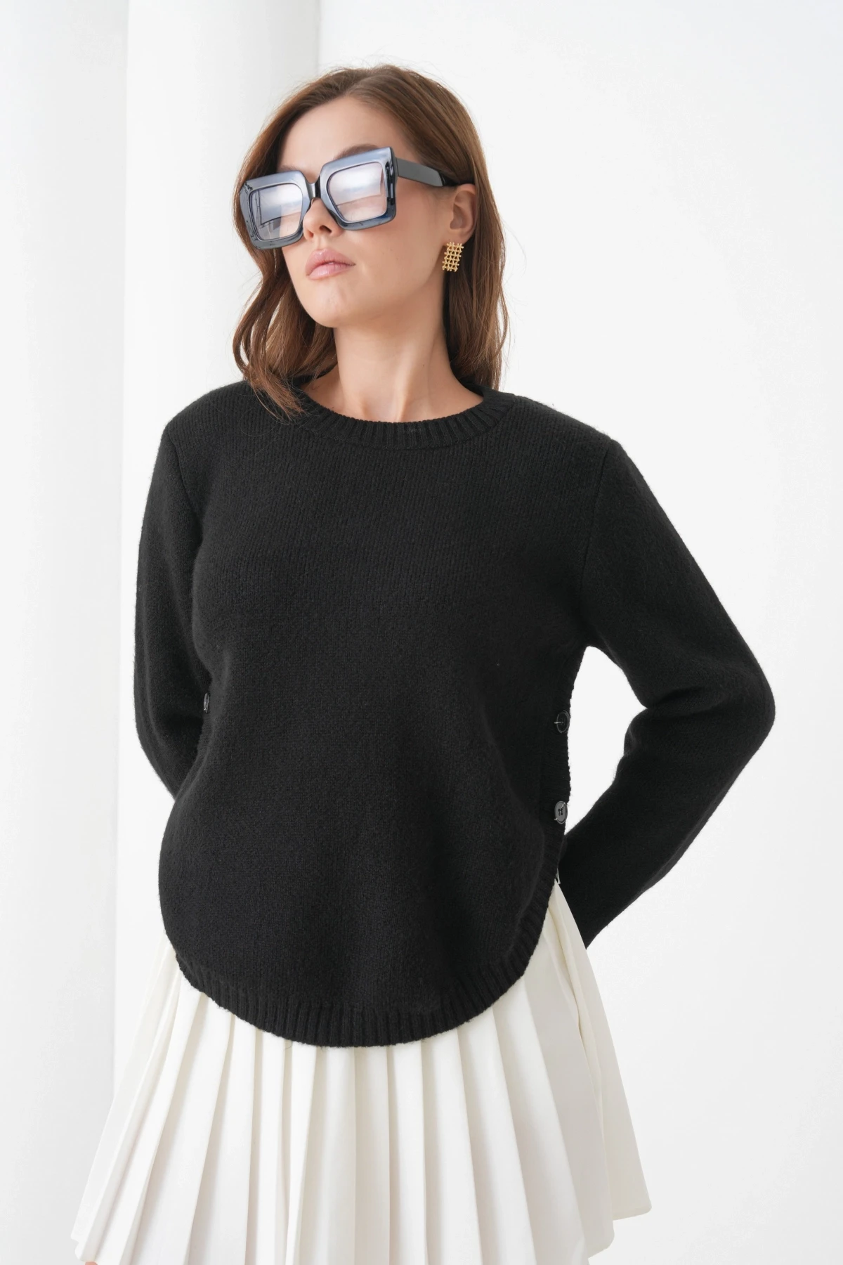 Kadın Bisiklet Yaka Düğme Detay Yırtmaçlı Triko Kazak