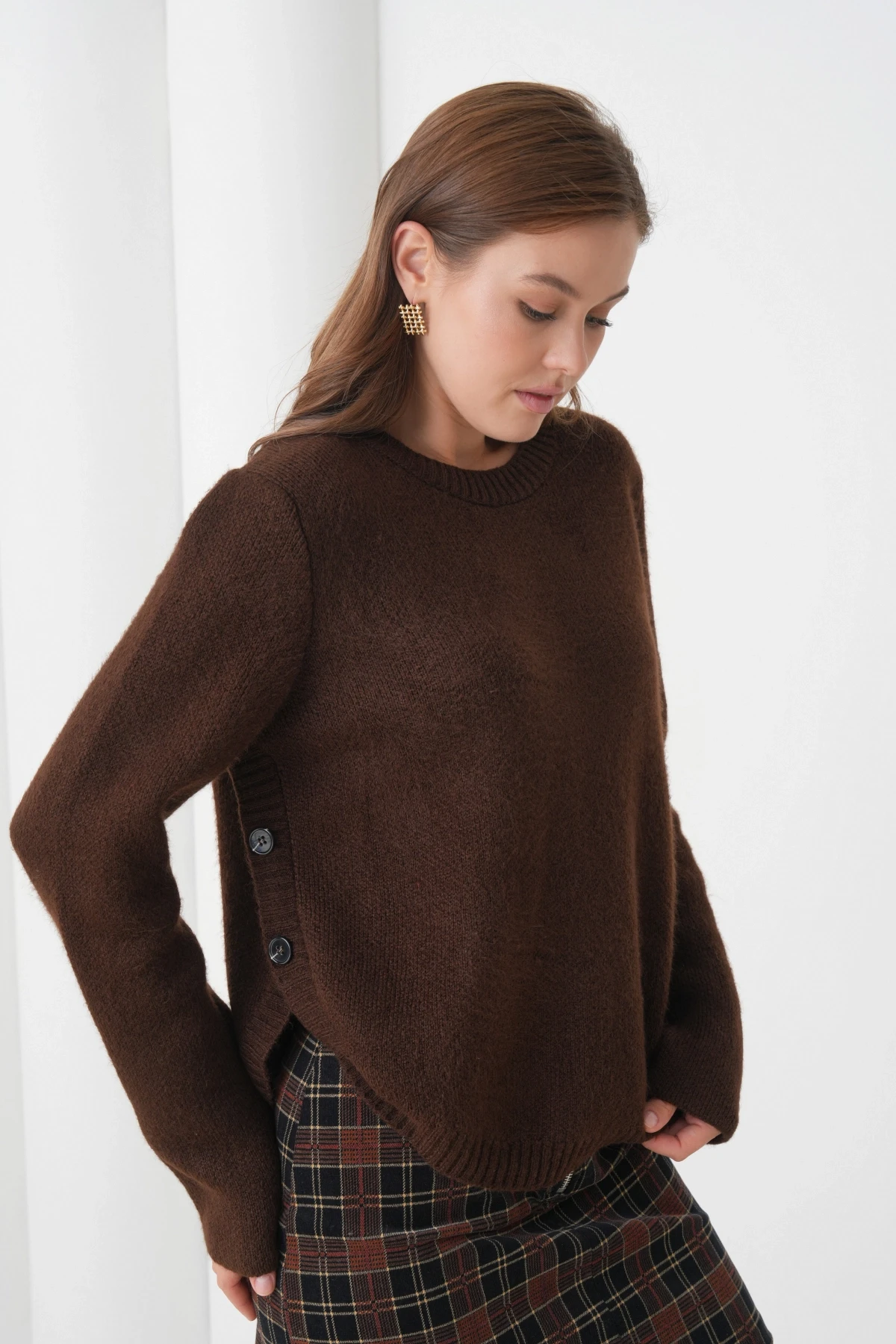 Kadın Bisiklet Yaka Düğme Detay Yırtmaçlı Triko Kazak