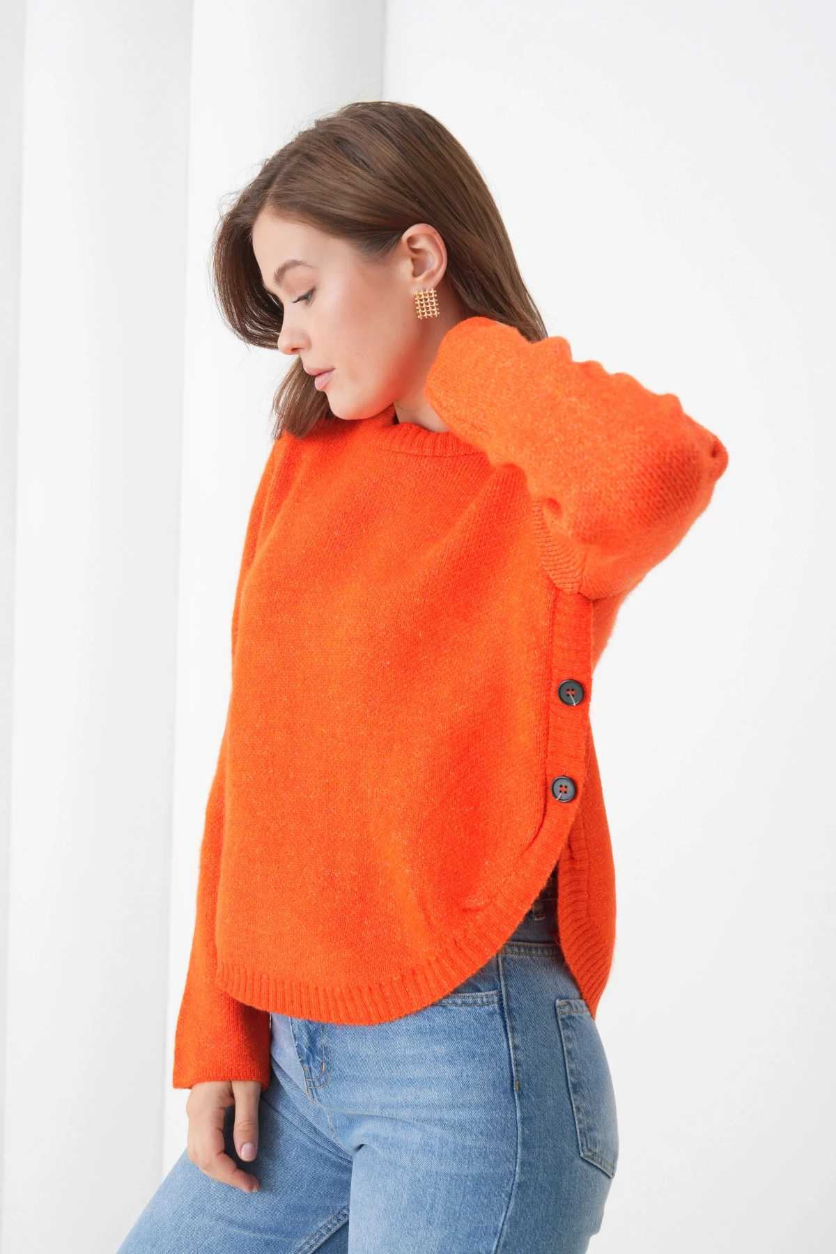 Kadın Bisiklet Yaka Düğme Detay Yırtmaçlı Triko Kazak