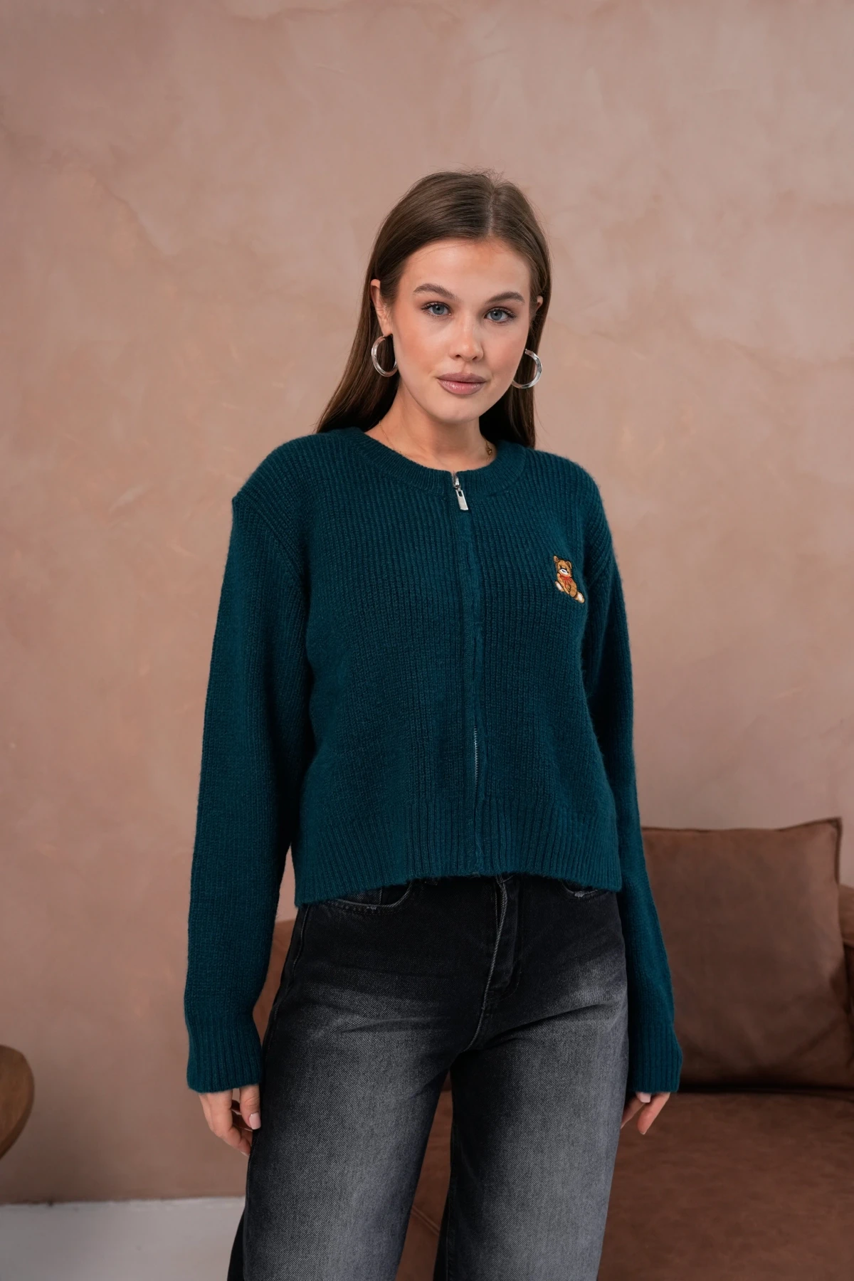 Kadın Bisiklet Yaka Fermuar Kapama Nakışlı Kaşkorse Triko Hırka