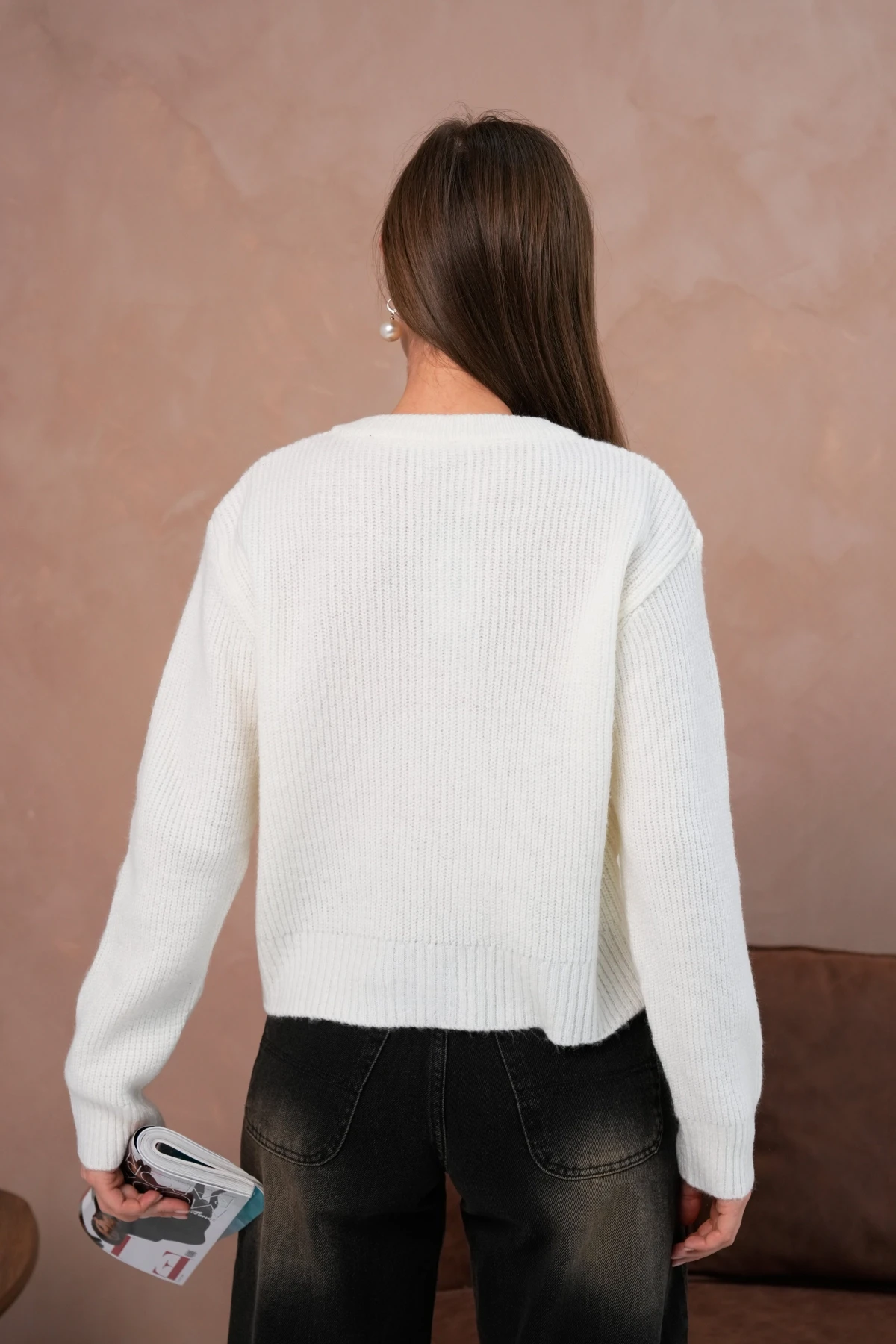 Kadın Bisiklet Yaka Fermuar Kapama Nakışlı Kaşkorse Triko Hırka