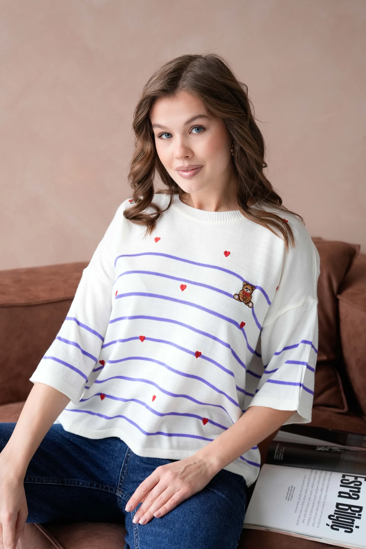 Kadın Bisiklet Yaka Nakış Detay Çizgili Triko Kazak