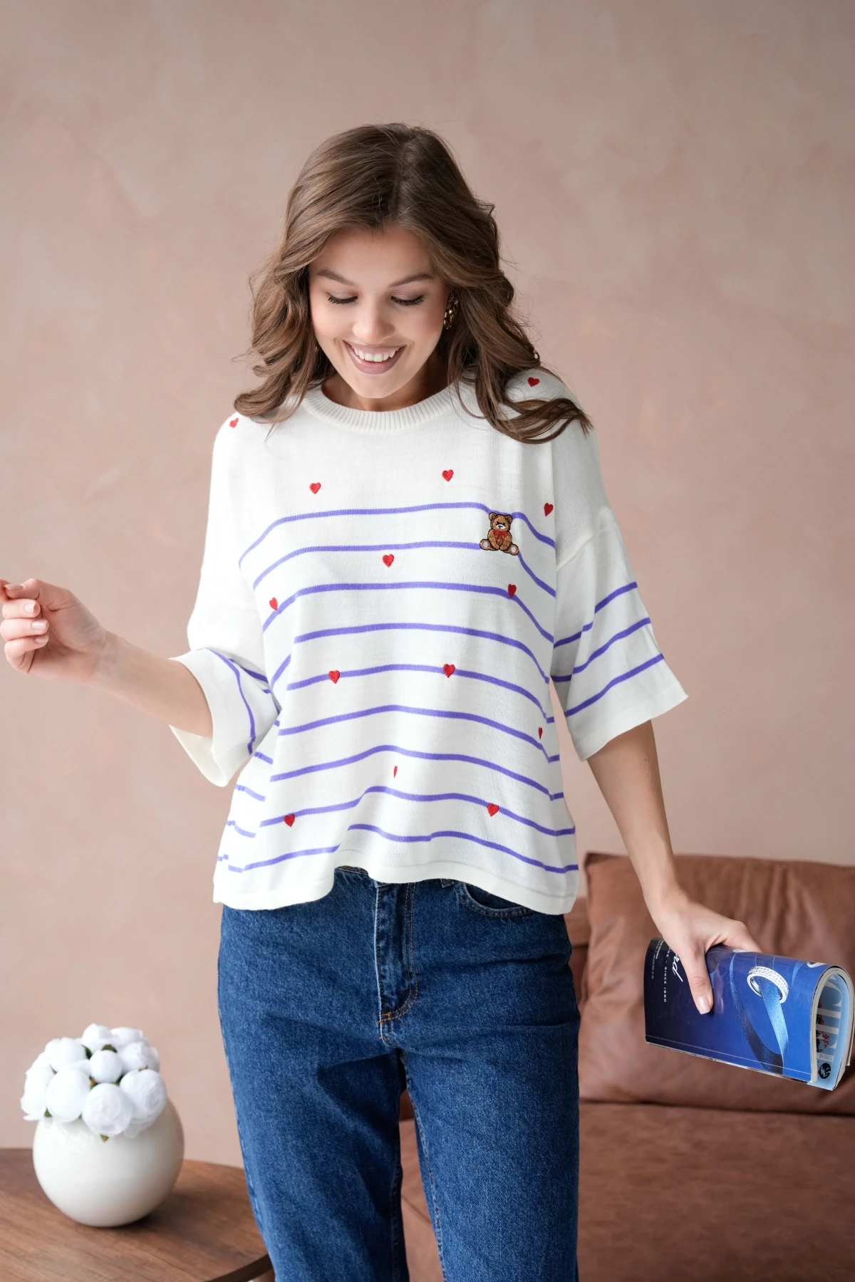 Kadın Bisiklet Yaka Nakış Detay Çizgili Triko Kazak