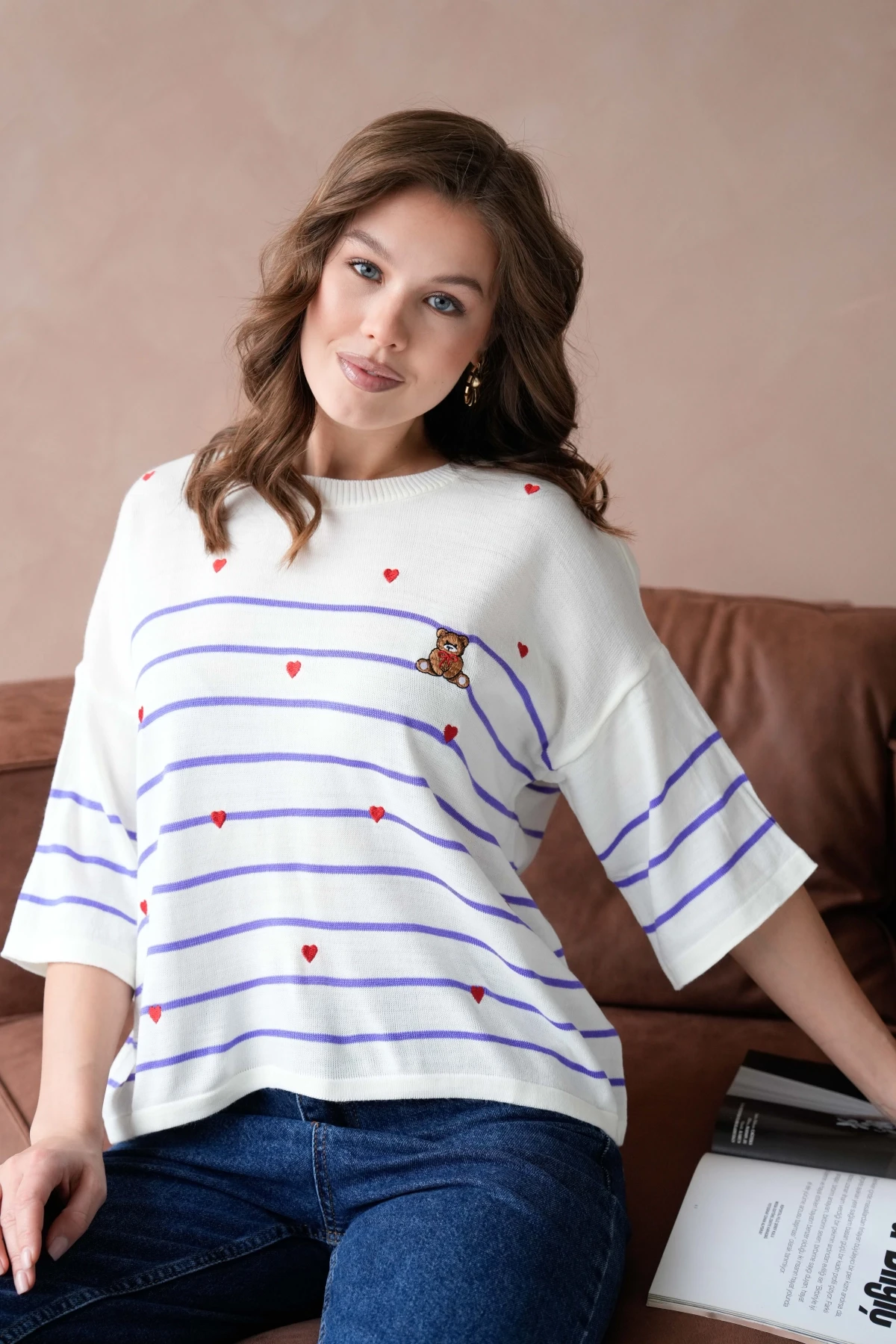 Kadın Bisiklet Yaka Nakış Detay Çizgili Triko Kazak