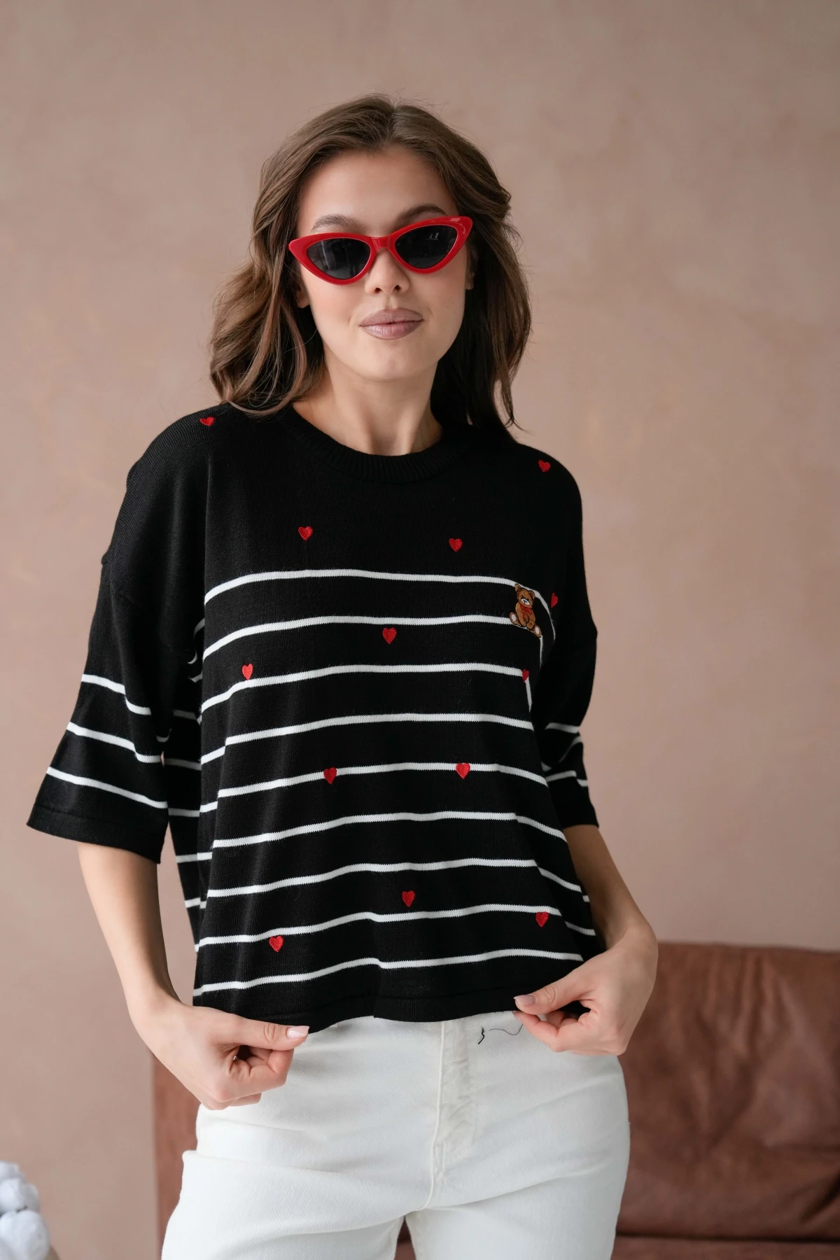Kadın Bisiklet Yaka Nakış Detay Çizgili Triko Kazak