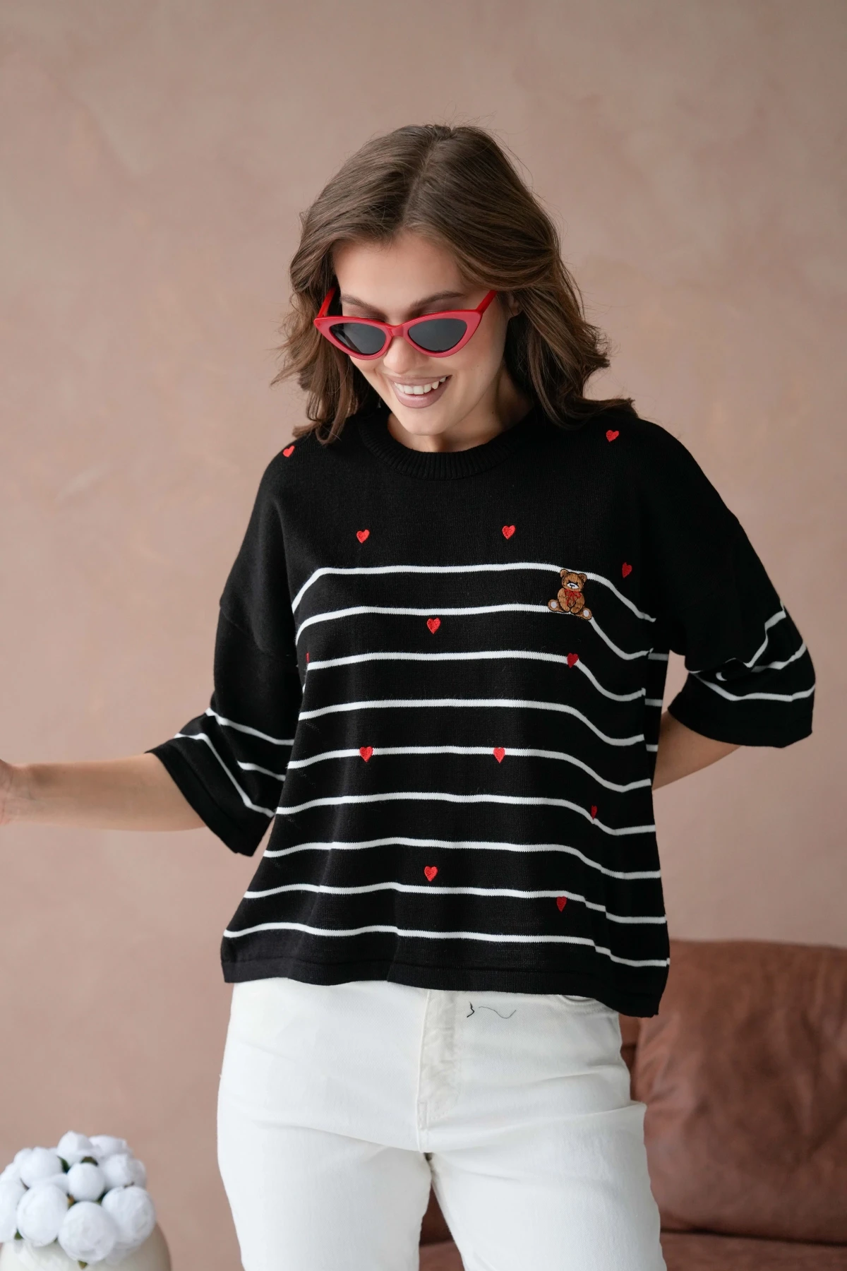 Kadın Bisiklet Yaka Nakış Detay Çizgili Triko Kazak