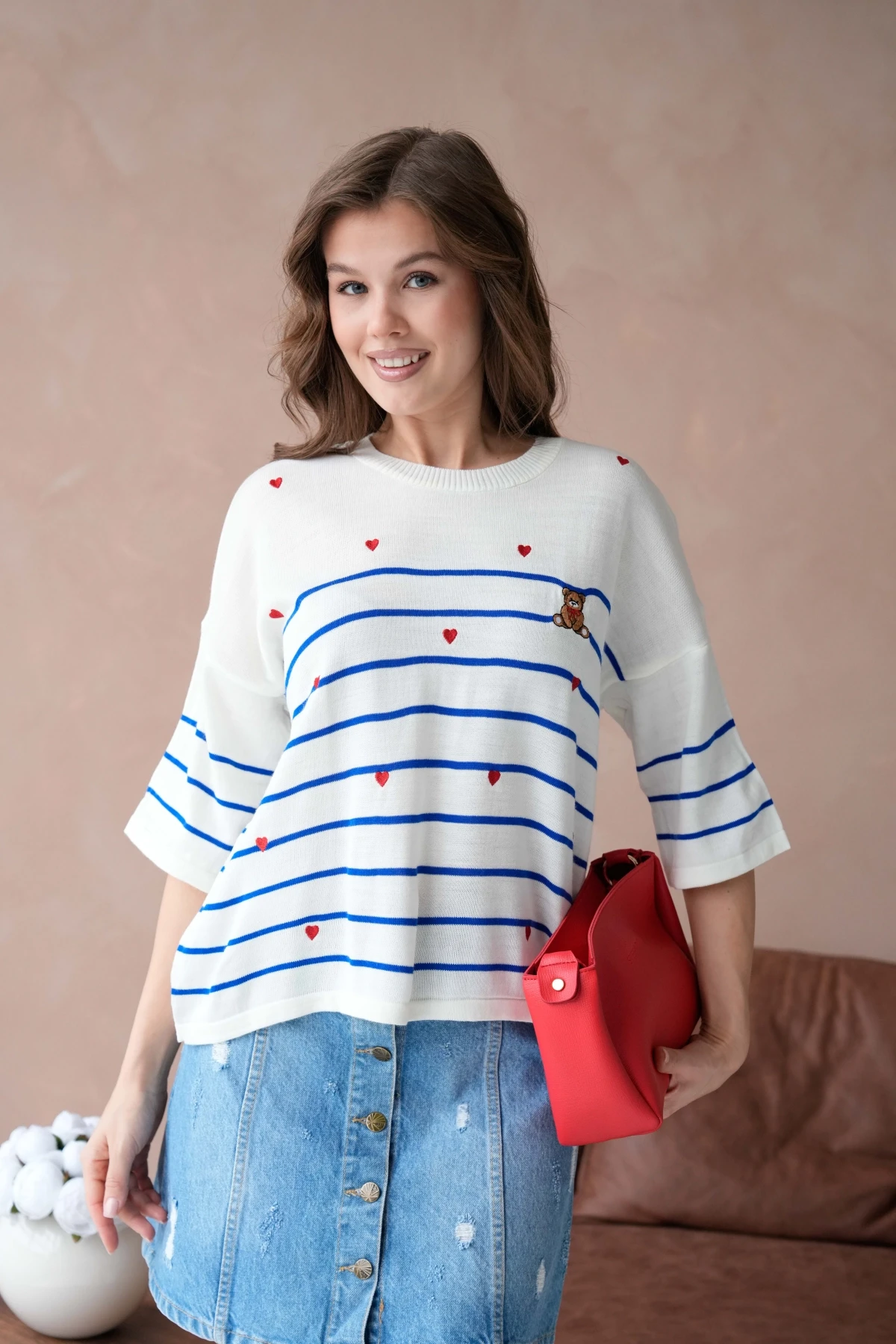 Kadın Bisiklet Yaka Nakış Detay Çizgili Triko Kazak