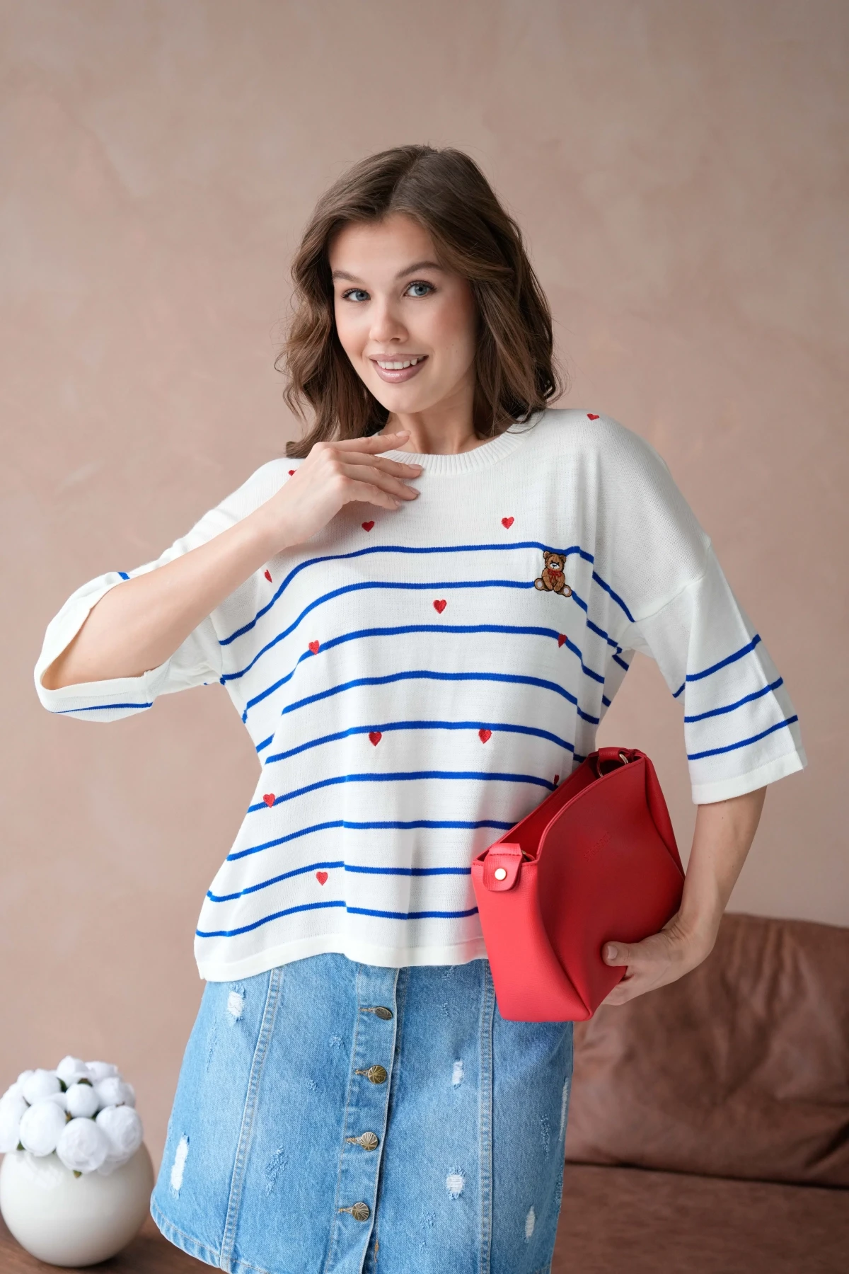 Kadın Bisiklet Yaka Nakış Detay Çizgili Triko Kazak