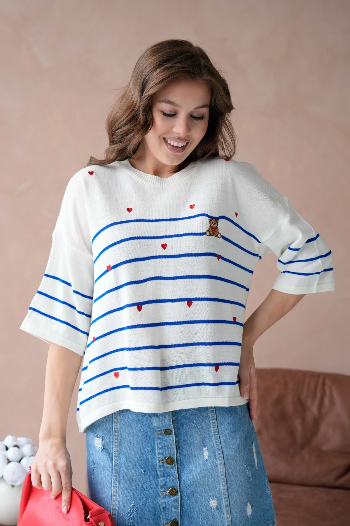 Kadın Bisiklet Yaka Nakış Detay Çizgili Triko Kazak