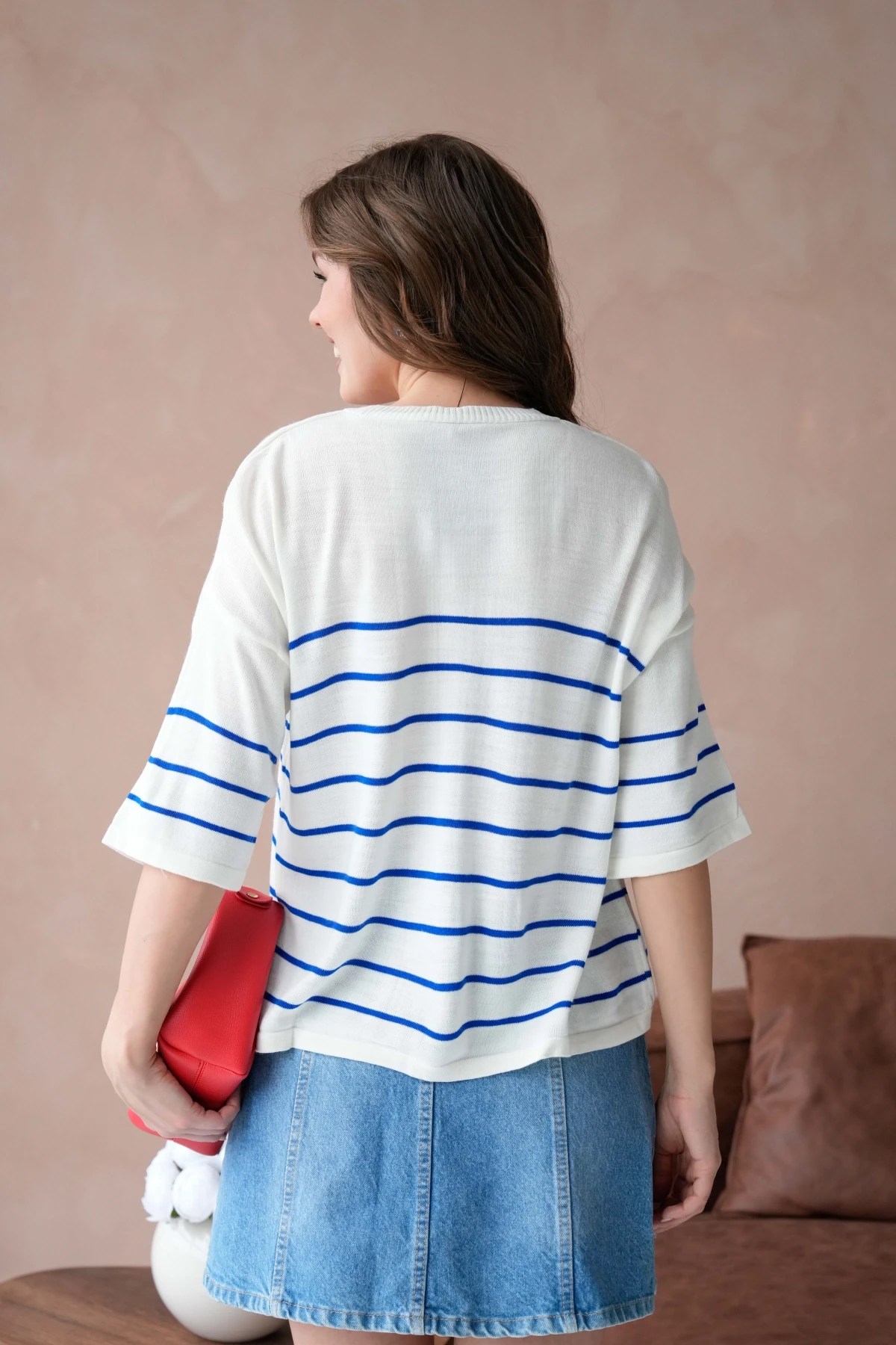 Kadın Bisiklet Yaka Nakış Detay Çizgili Triko Kazak