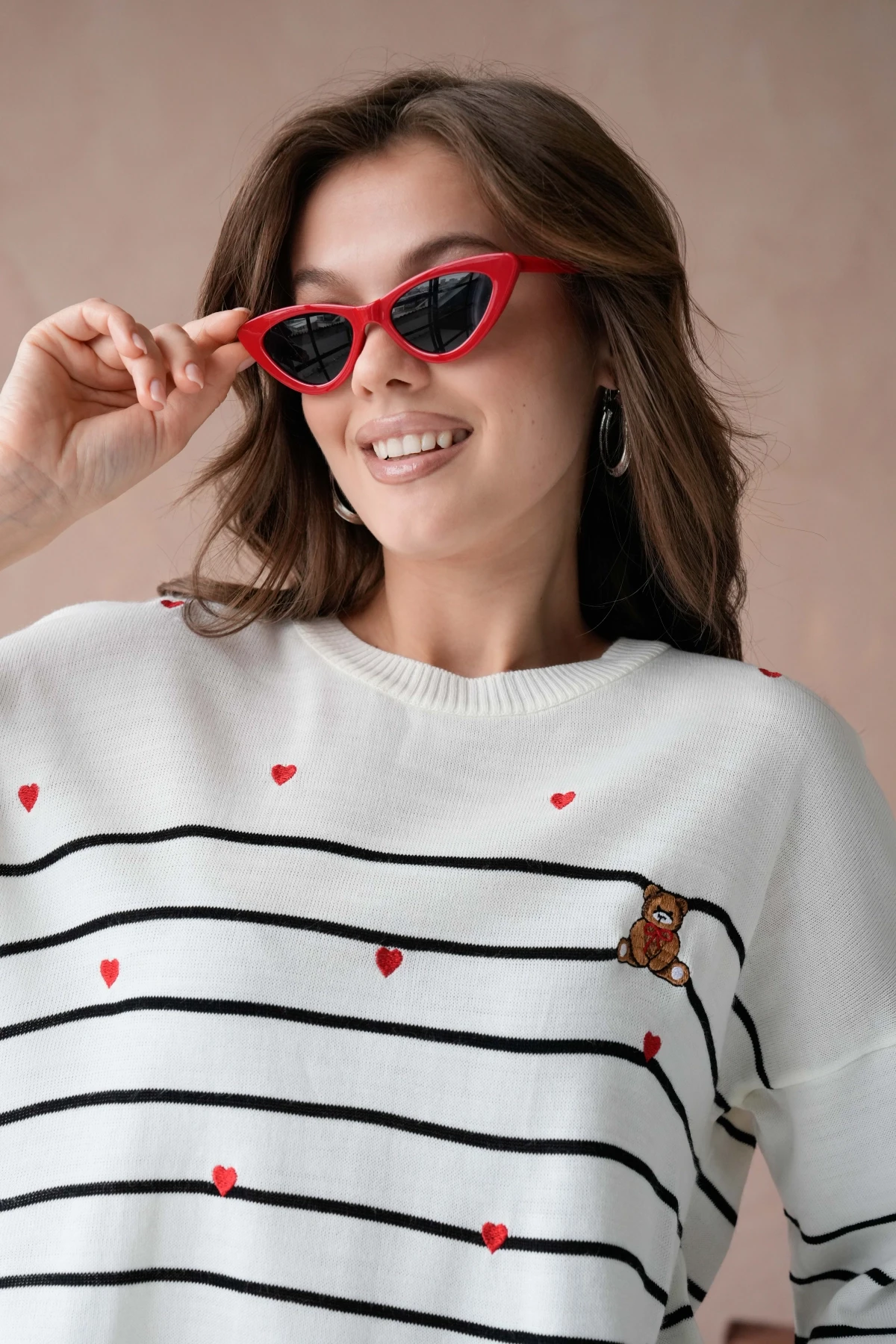 Kadın Bisiklet Yaka Nakış Detay Çizgili Triko Kazak