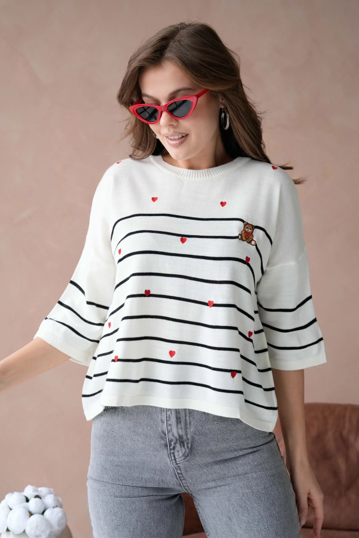 Kadın Bisiklet Yaka Nakış Detay Çizgili Triko Kazak