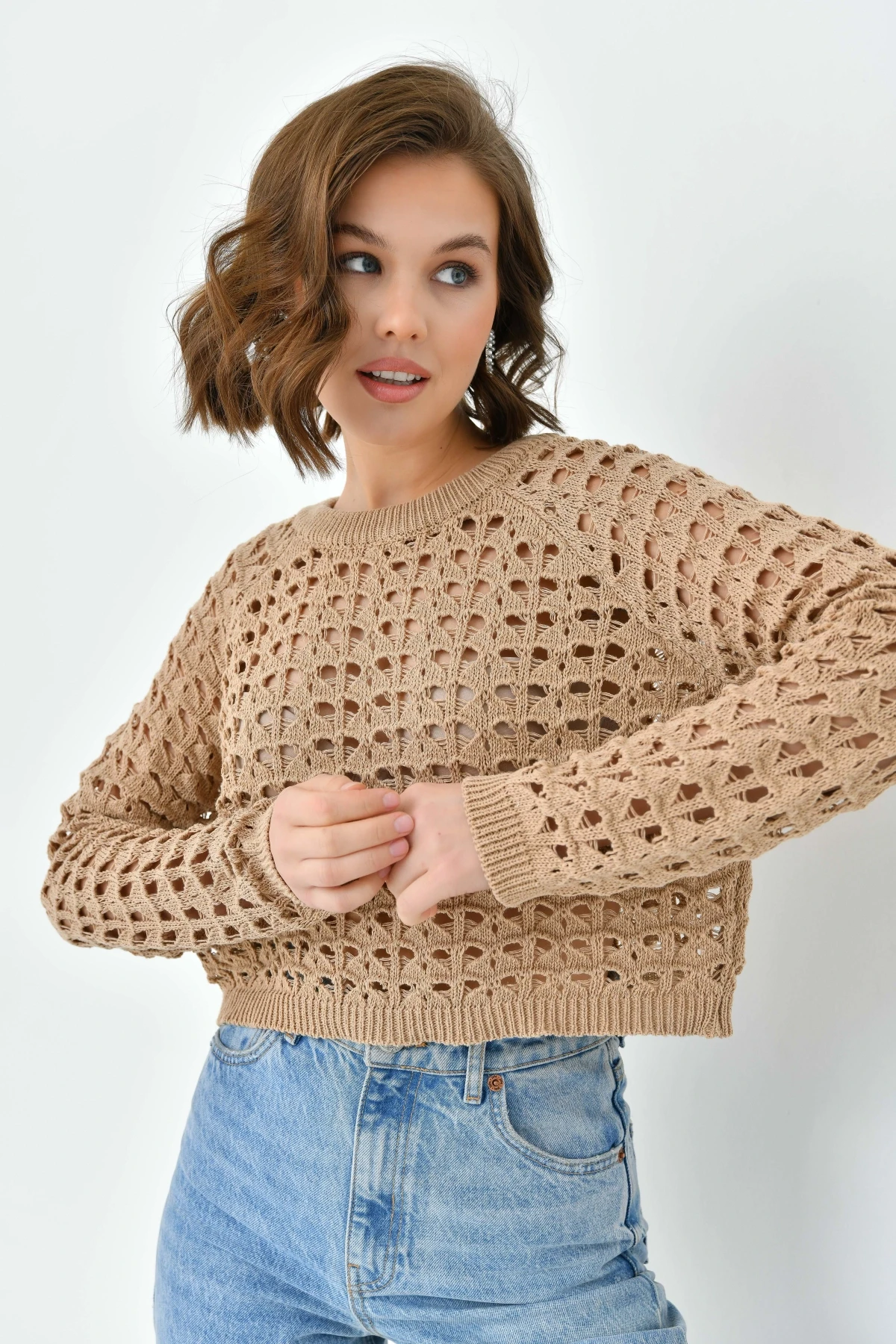 Kadın Bisiklet Yaka Örgü Detay Crop Triko Kazak