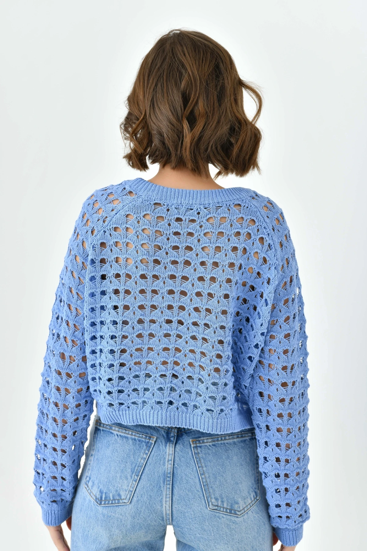 Kadın Bisiklet Yaka Örgü Detay Crop Triko Kazak