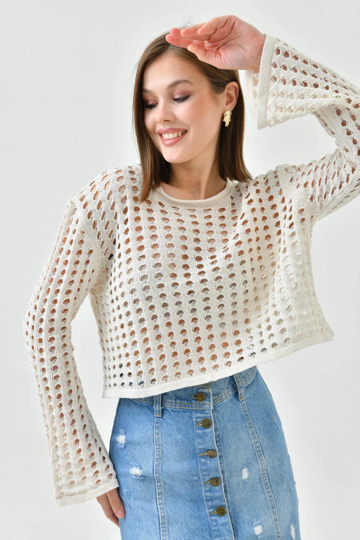 Kadın Bisiklet Yaka Örgü Detay Crop Triko Kazak