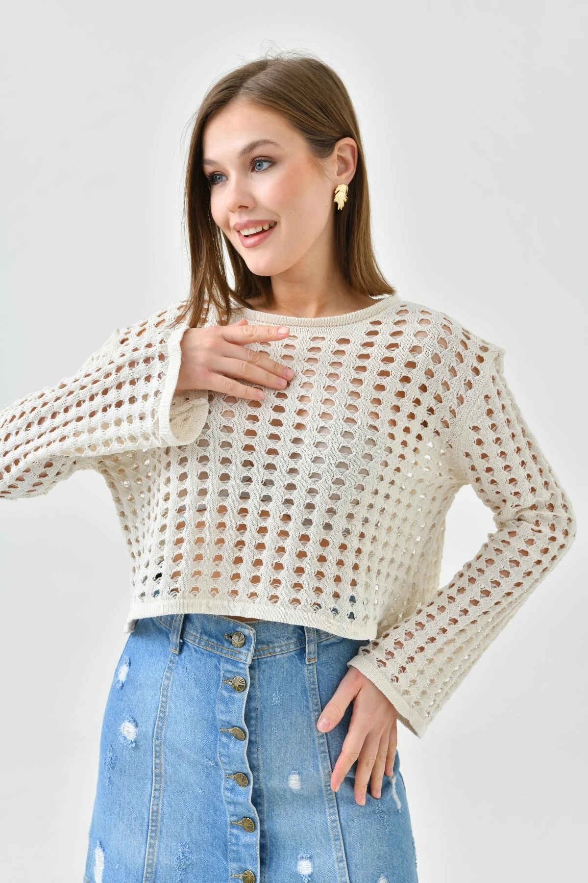 Kadın Bisiklet Yaka Örgü Detay Crop Triko Kazak