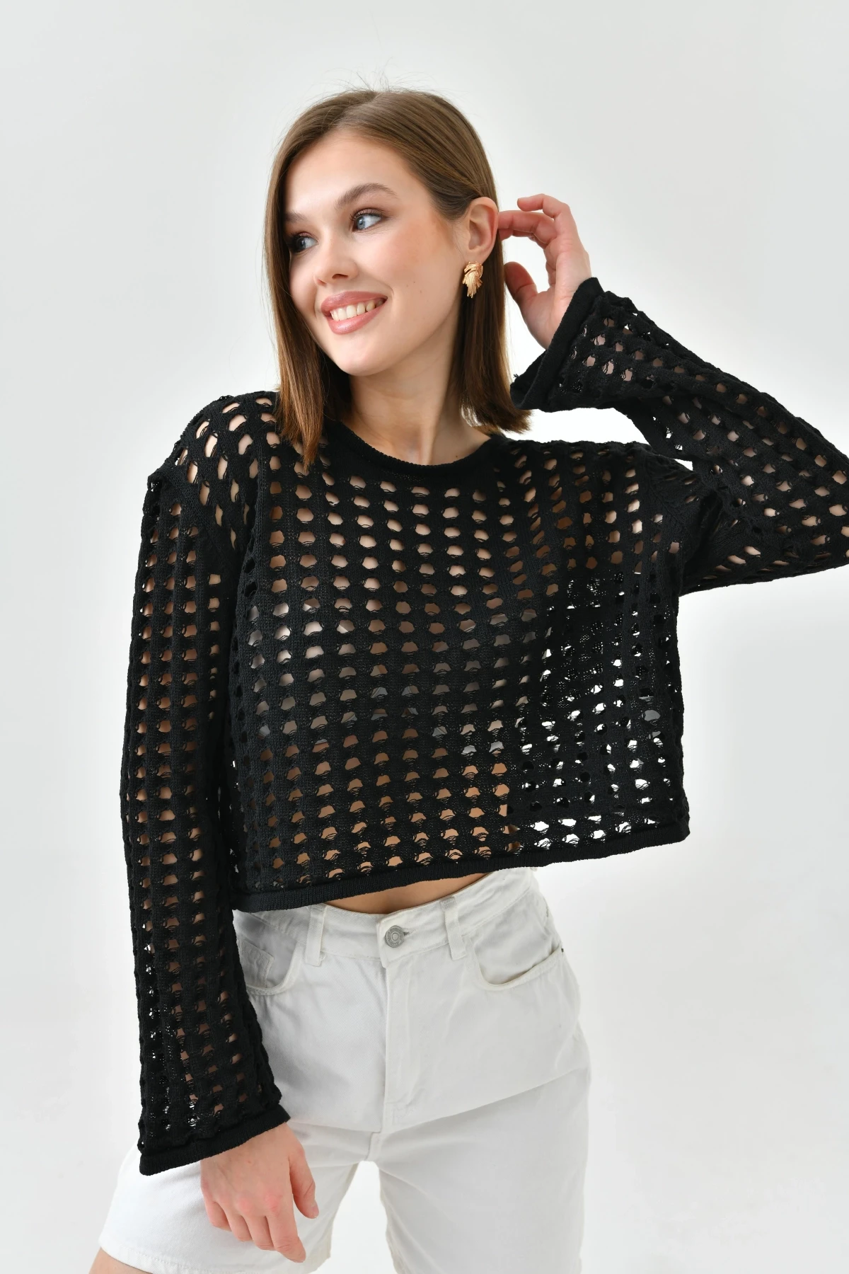 Kadın Bisiklet Yaka Örgü Detay Crop Triko Kazak