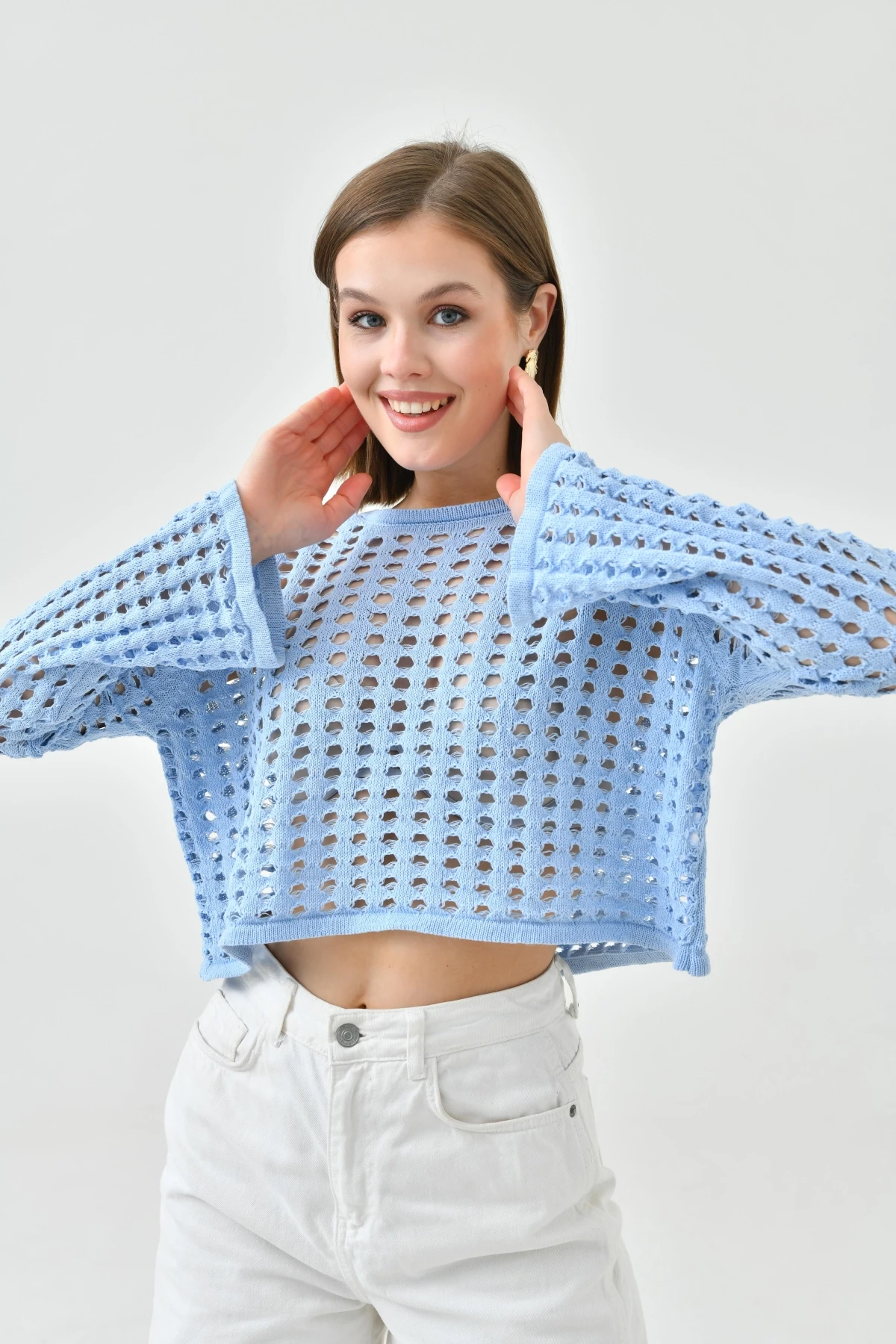 Kadın Bisiklet Yaka Örgü Detay Crop Triko Kazak