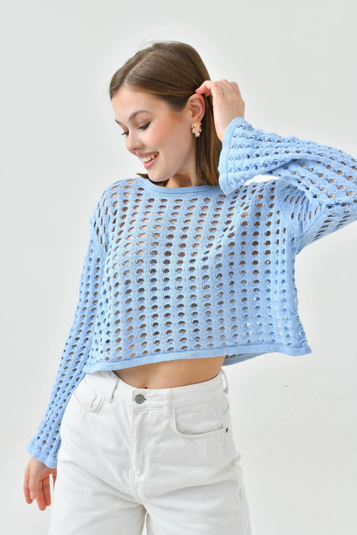 Kadın Bisiklet Yaka Örgü Detay Crop Triko Kazak