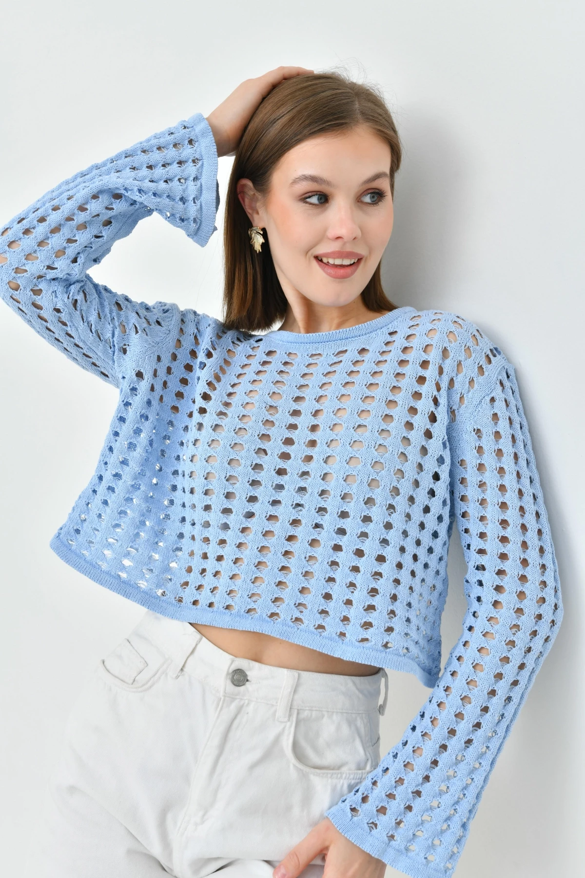 Kadın Bisiklet Yaka Örgü Detay Crop Triko Kazak