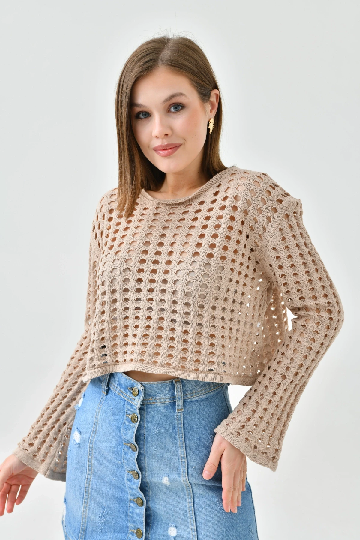 Kadın Bisiklet Yaka Örgü Detay Crop Triko Kazak