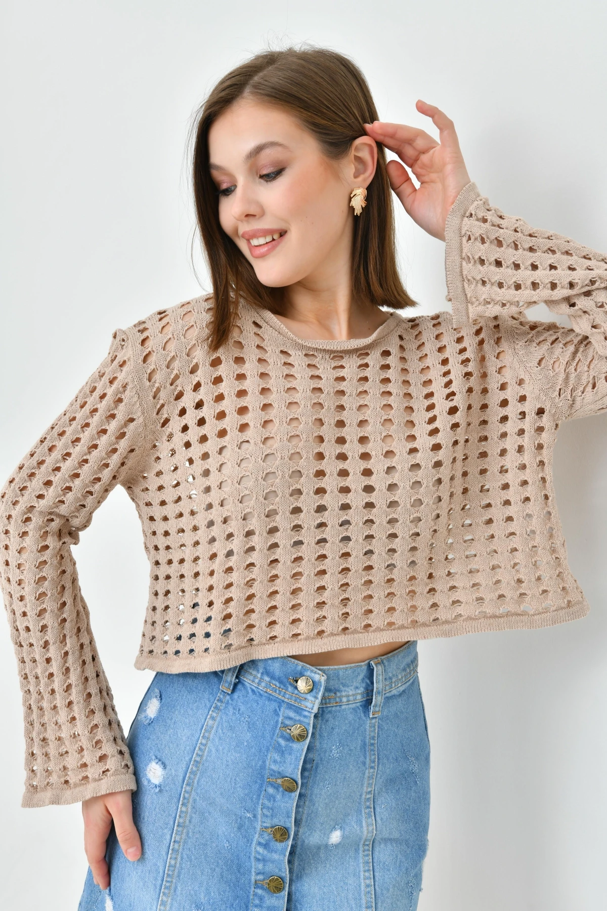 Kadın Bisiklet Yaka Örgü Detay Crop Triko Kazak