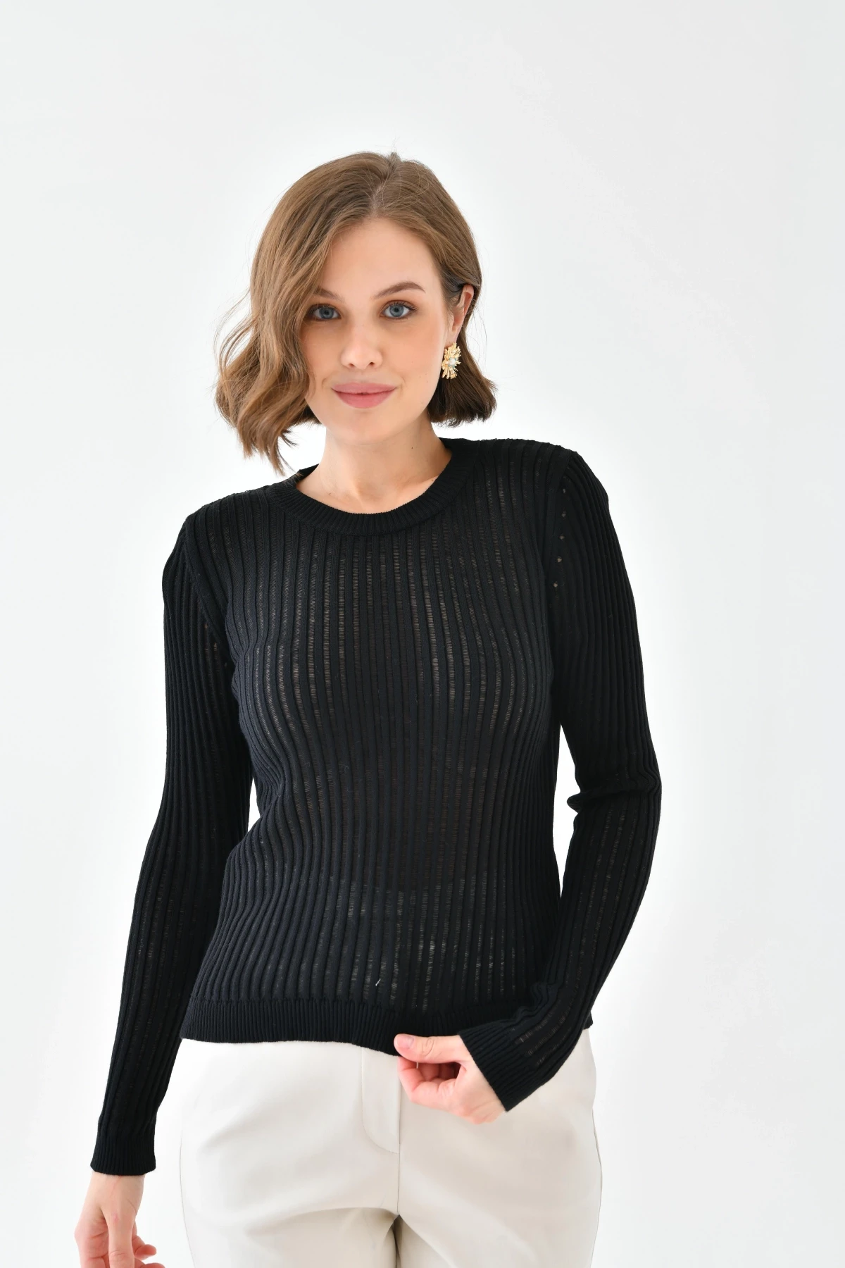 Kadın Bisiklet Yaka Örgü Detay Triko Kazak