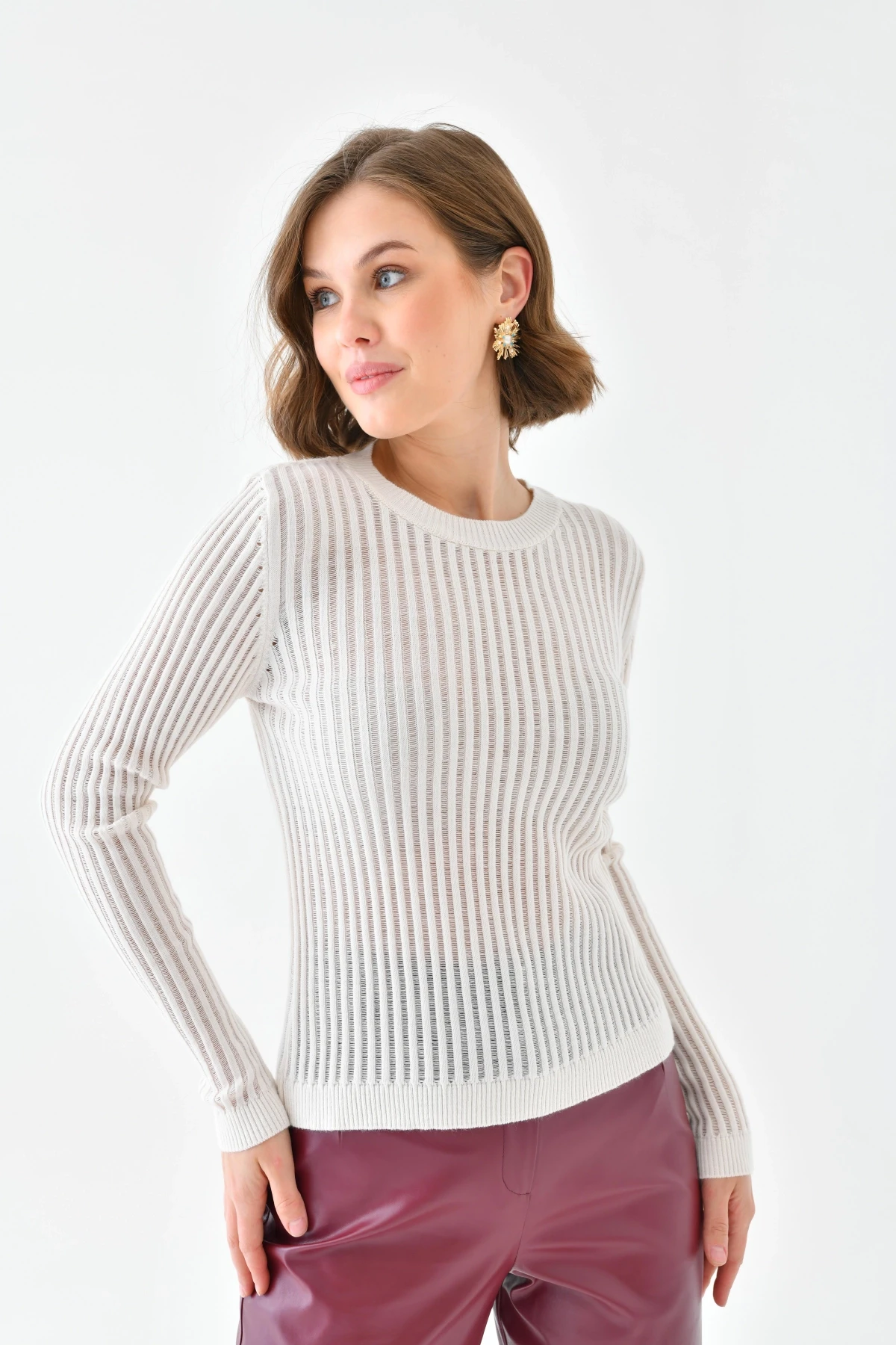 Kadın Bisiklet Yaka Örgü Detay Triko Kazak