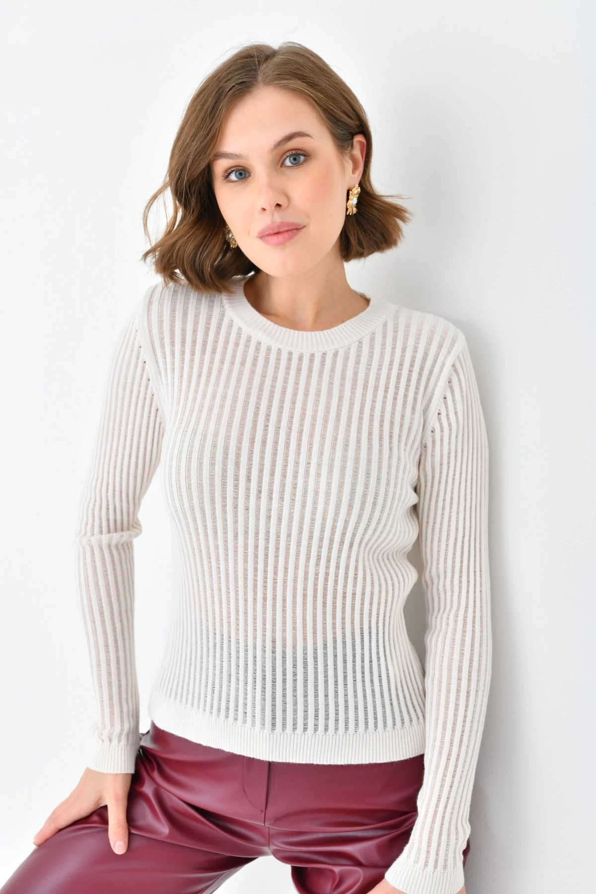 Kadın Bisiklet Yaka Örgü Detay Triko Kazak