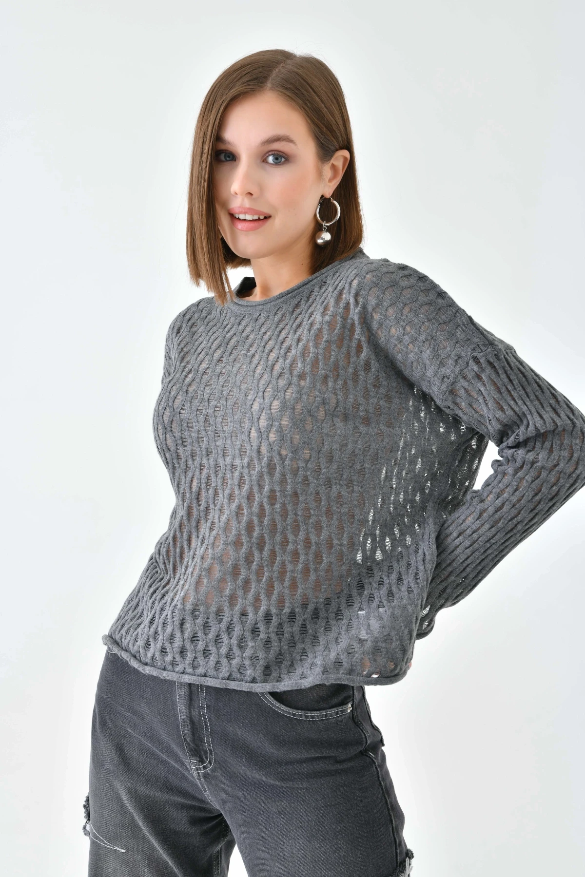 Kadın Bisiklet Yaka Örgü Detay Triko Kazak