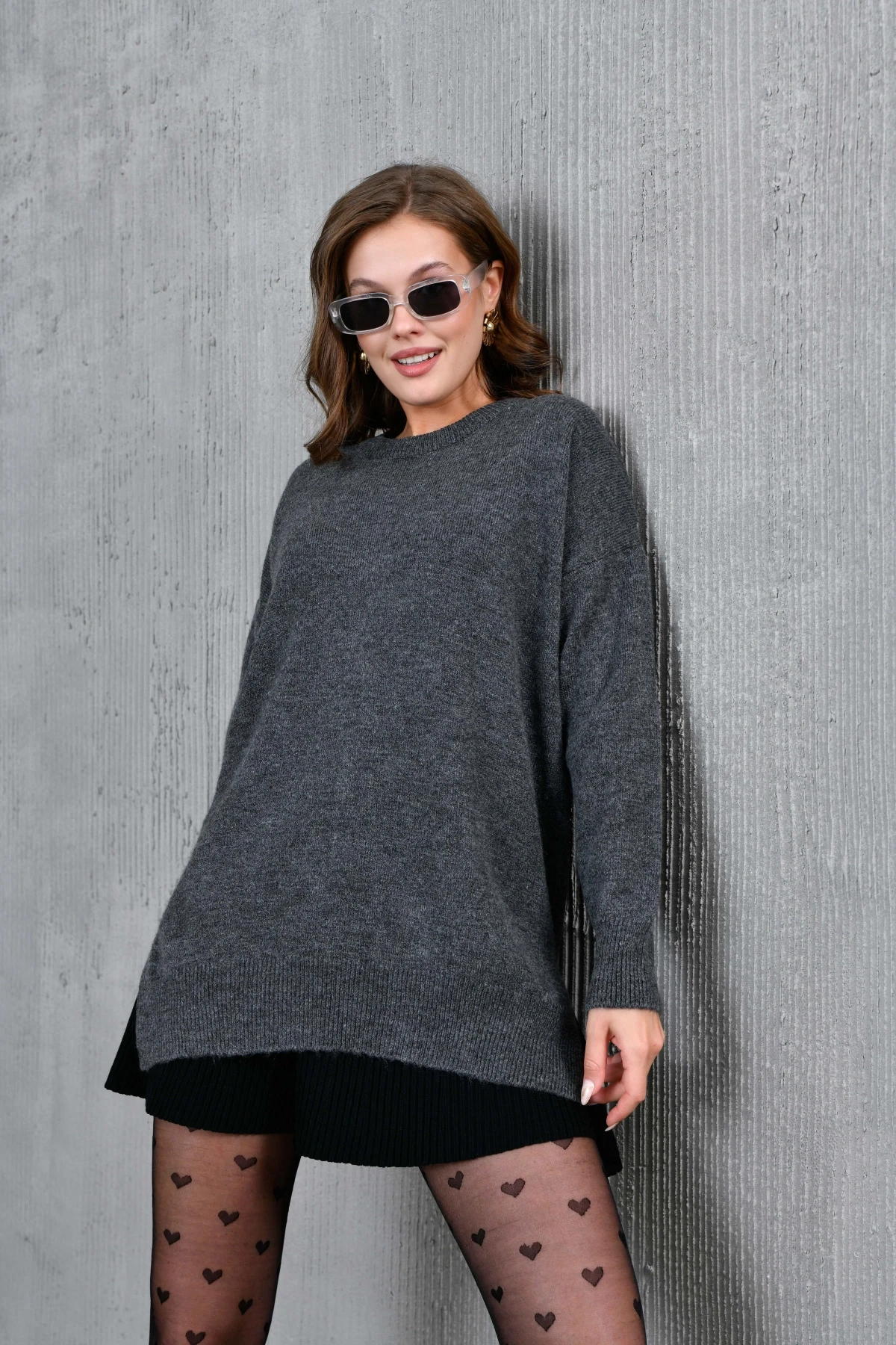 Kadın Bisiklet Yaka Yırtmaçlı Oversize Triko Kazak