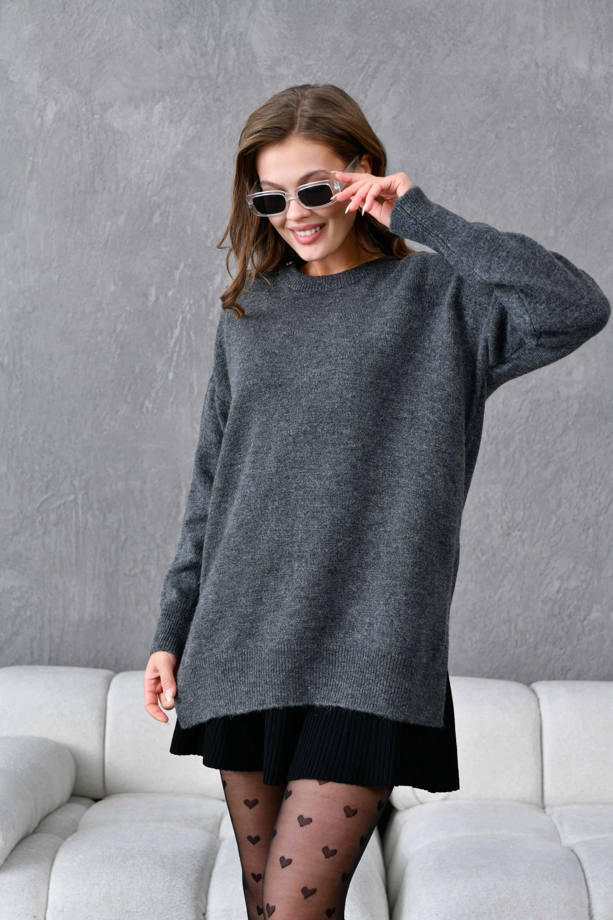 Kadın Bisiklet Yaka Yırtmaçlı Oversize Triko Kazak