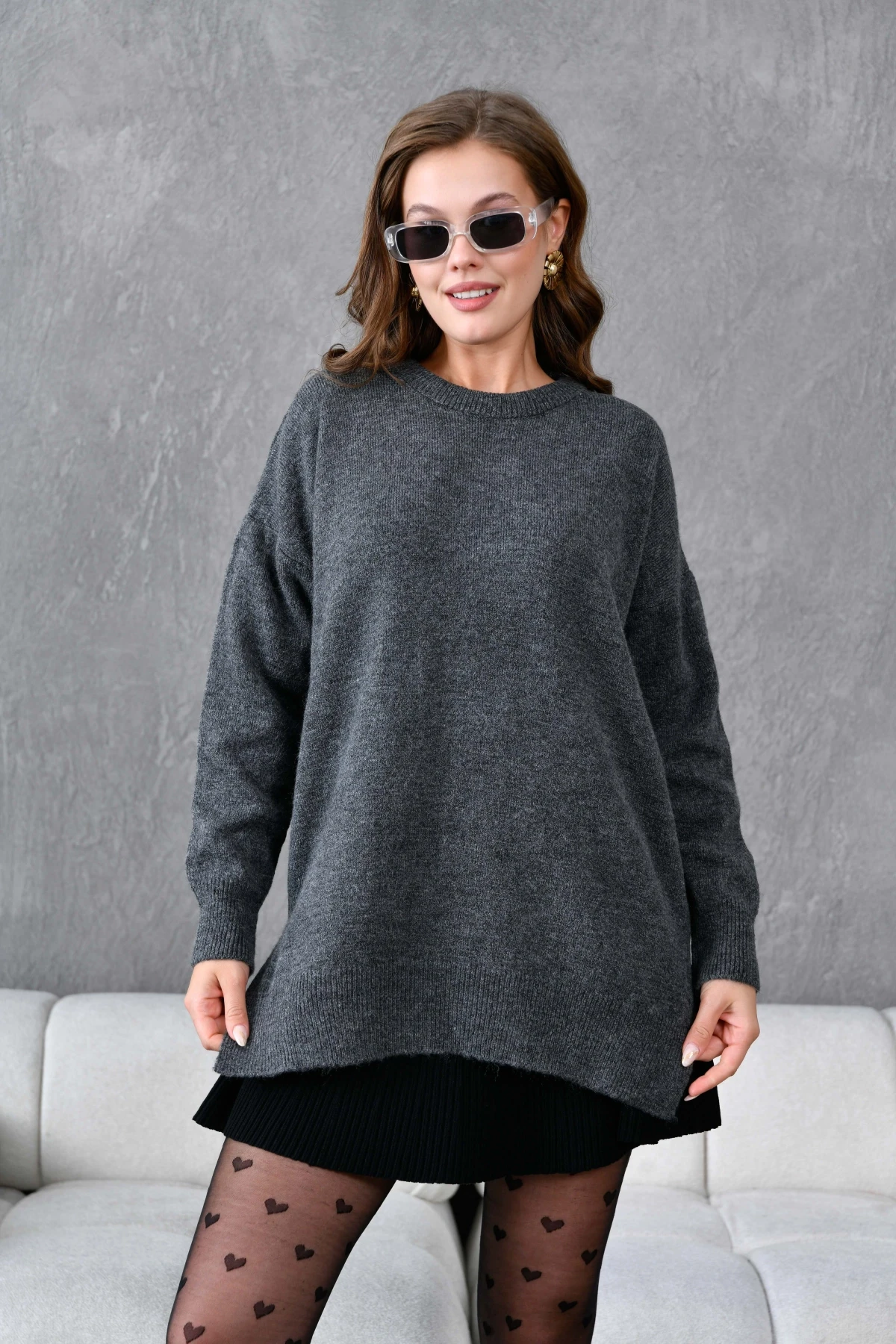 Kadın Bisiklet Yaka Yırtmaçlı Oversize Triko Kazak