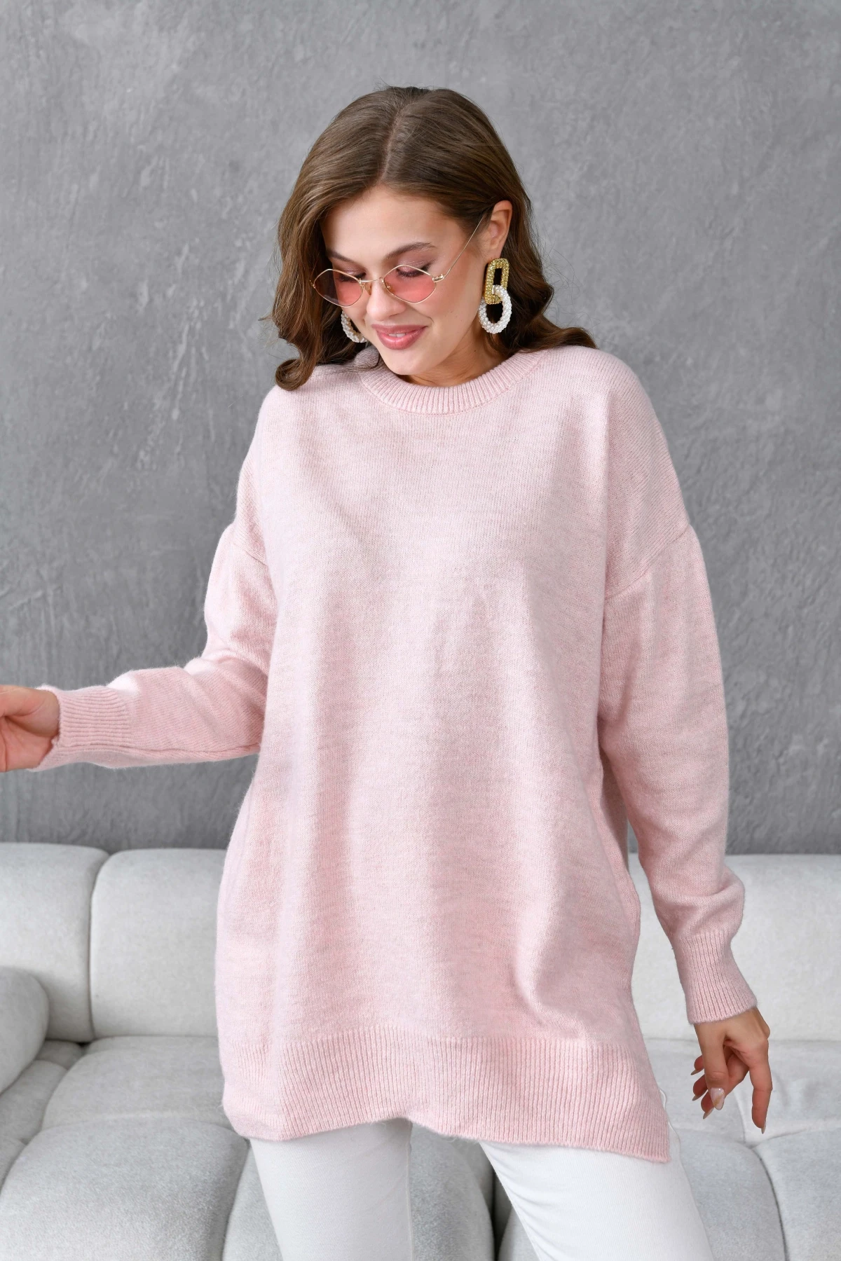 Kadın Bisiklet Yaka Yırtmaçlı Oversize Triko Kazak