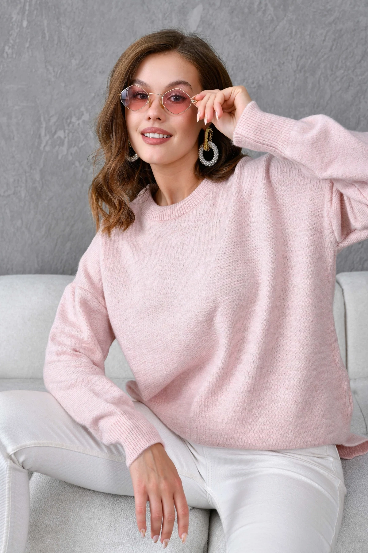 Kadın Bisiklet Yaka Yırtmaçlı Oversize Triko Kazak