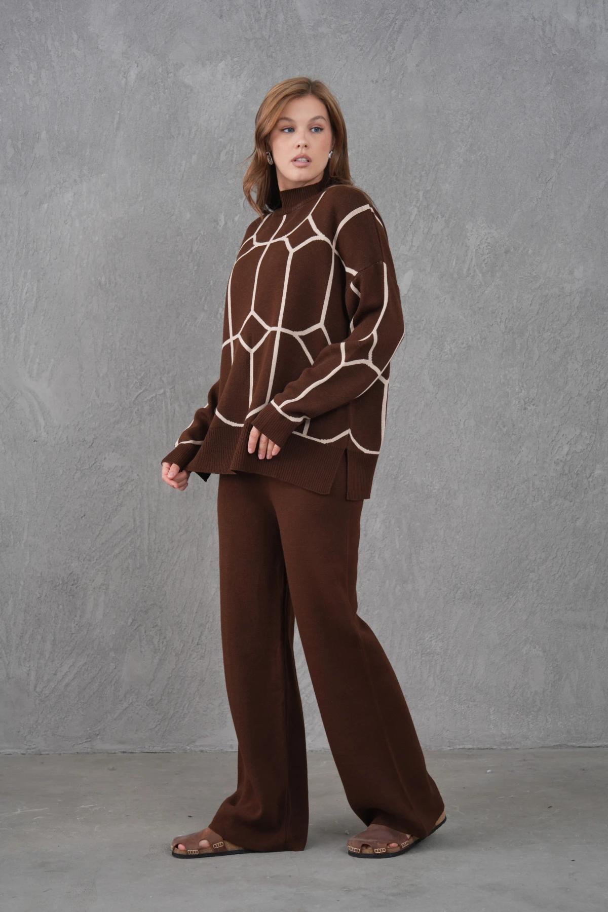 Kadın Dik Yaka Desenli Oversize Kazak Pantolon Triko Alt-Üst Takım