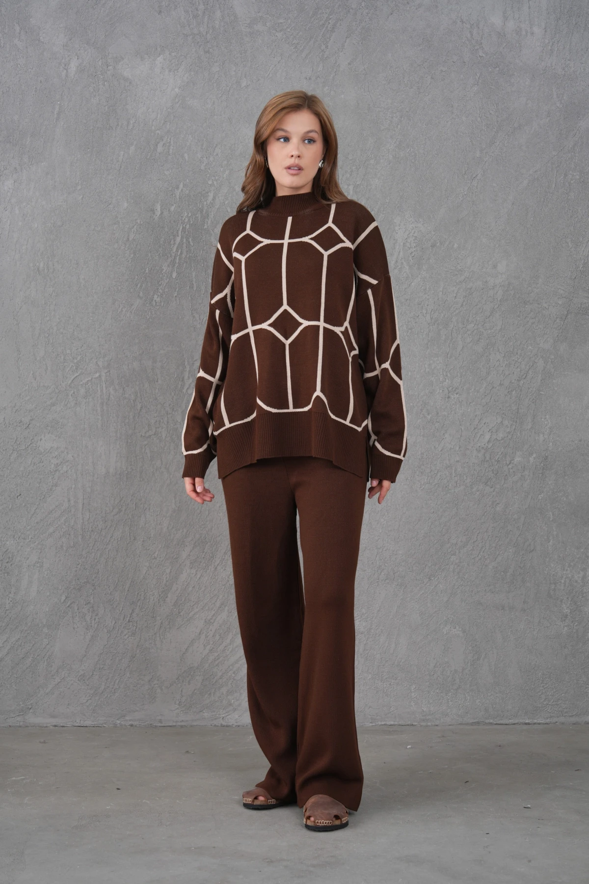 Kadın Dik Yaka Desenli Oversize Kazak Pantolon Triko Alt-Üst Takım