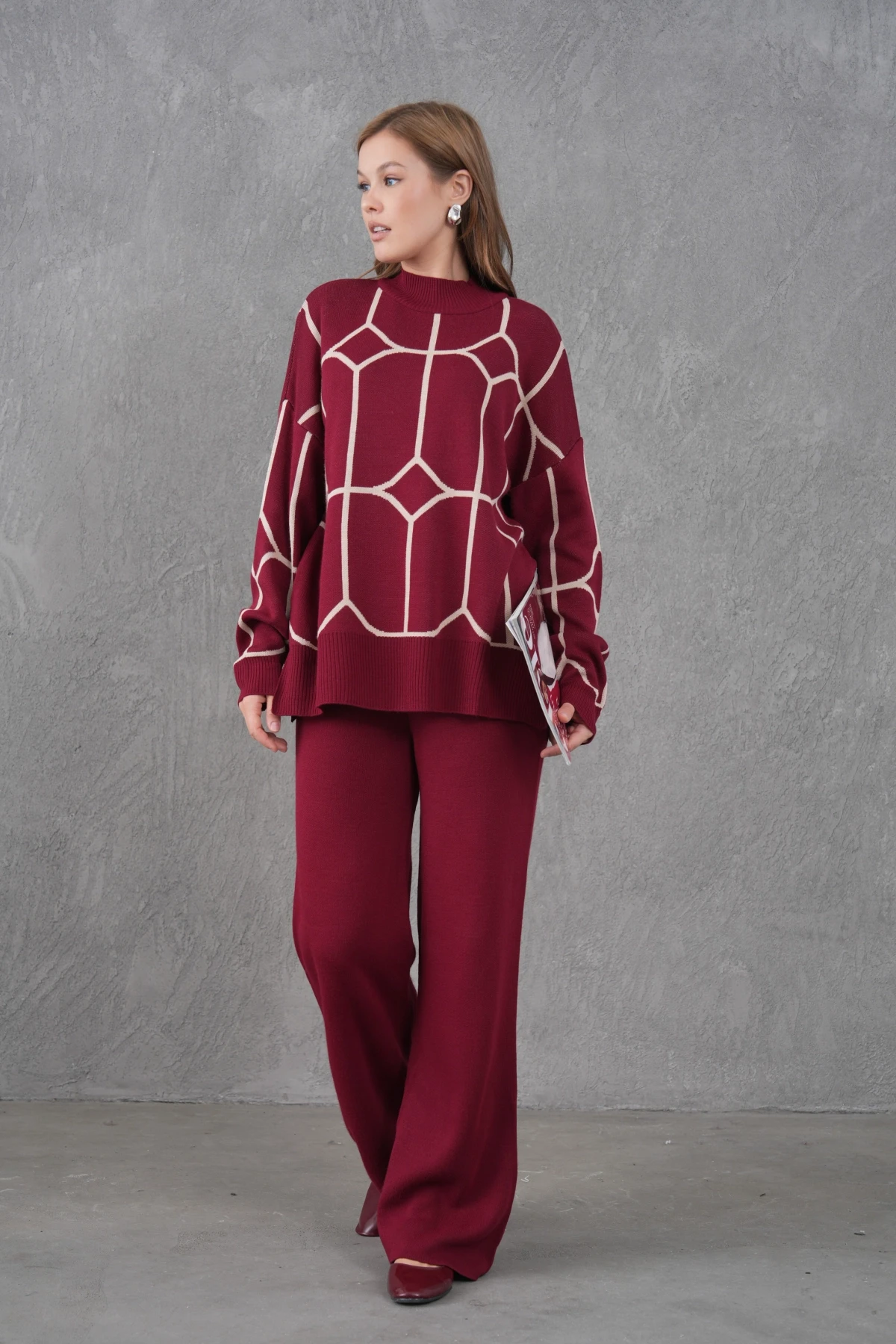Kadın Dik Yaka Desenli Oversize Kazak Pantolon Triko Alt-Üst Takım
